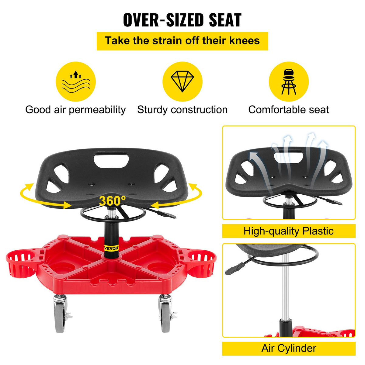 Rolling Garage Stool 300lb Adjustable 18-23in 360° Swivel with Tool Tray Red