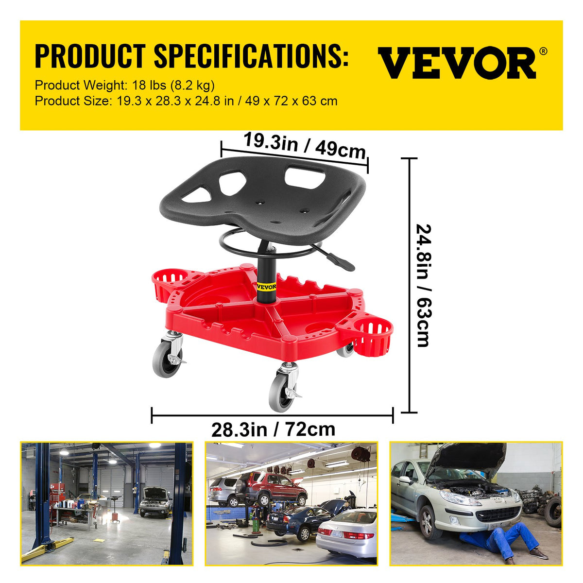 Rolling Garage Stool 300lb Adjustable 18-23in 360° Swivel with Tool Tray Red