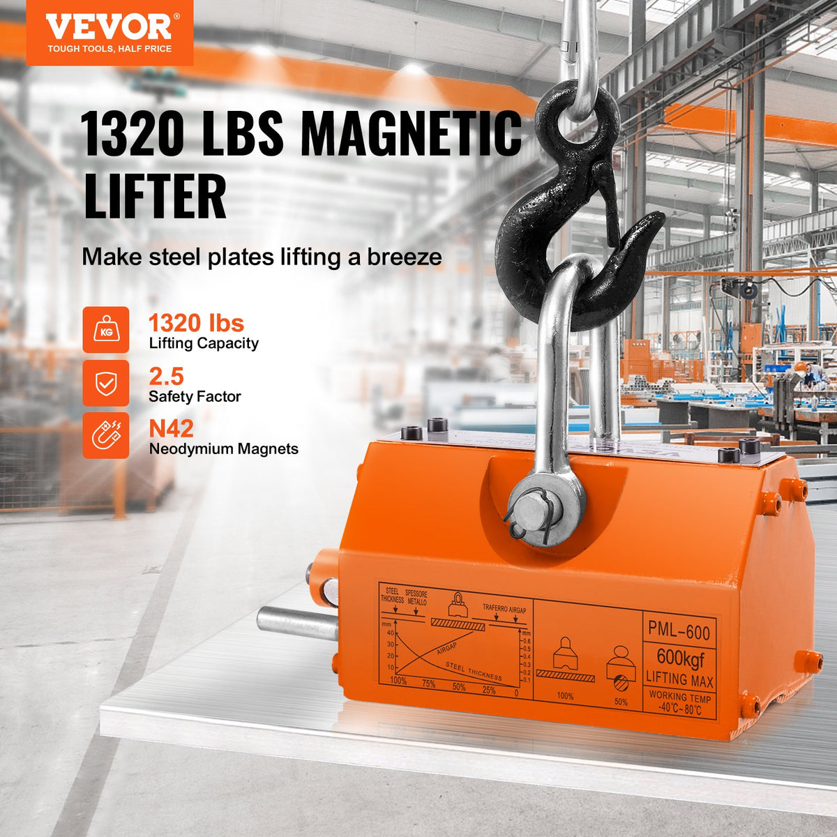 600 kg Magnetic Lifter with 2.5 Safety Factor Neodymium Steel Permanent Lift Magnet
