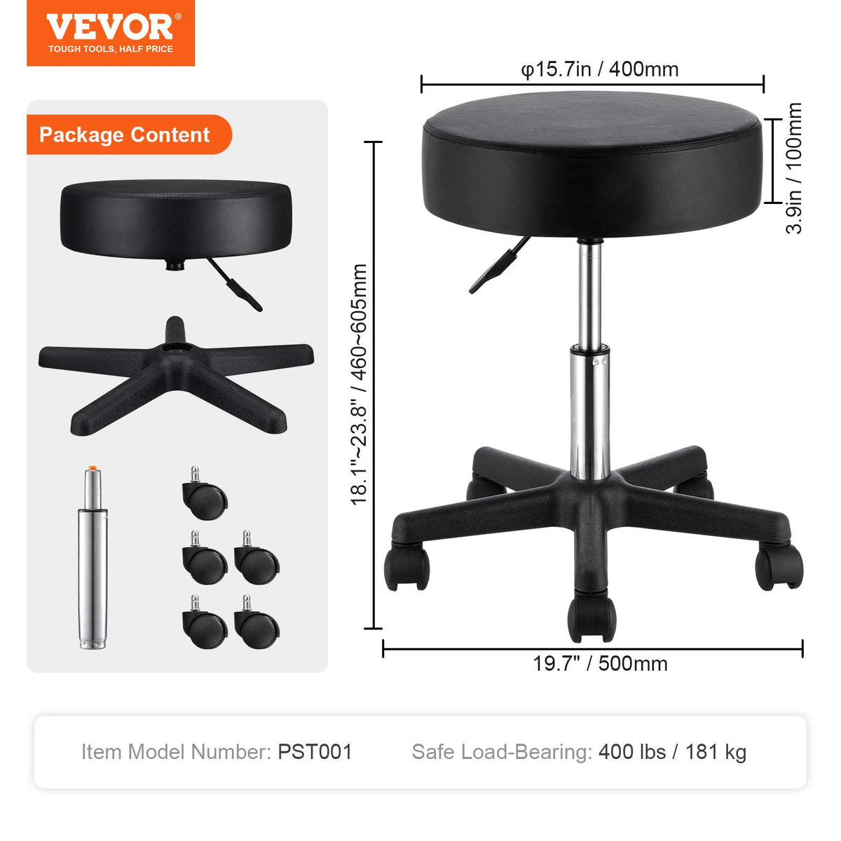 Adjustable Rolling Stool with Wheels 400 lbs Swivel Seat Chair