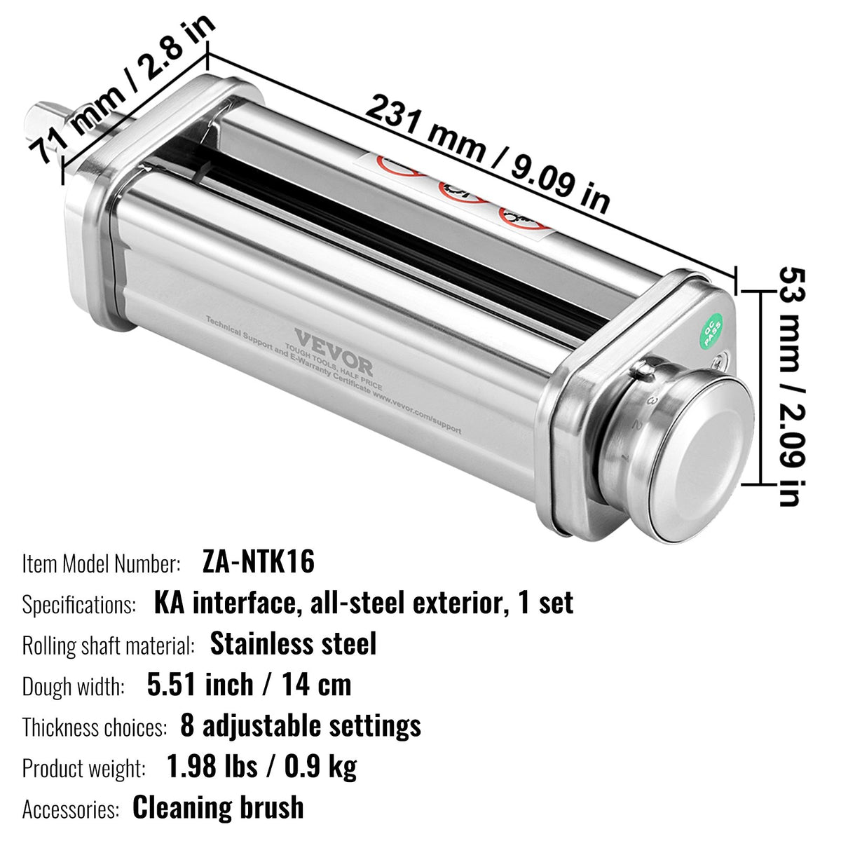 Pasta Attachment for KitchenAid Stand Mixer Stainless Steel Sheet Roller