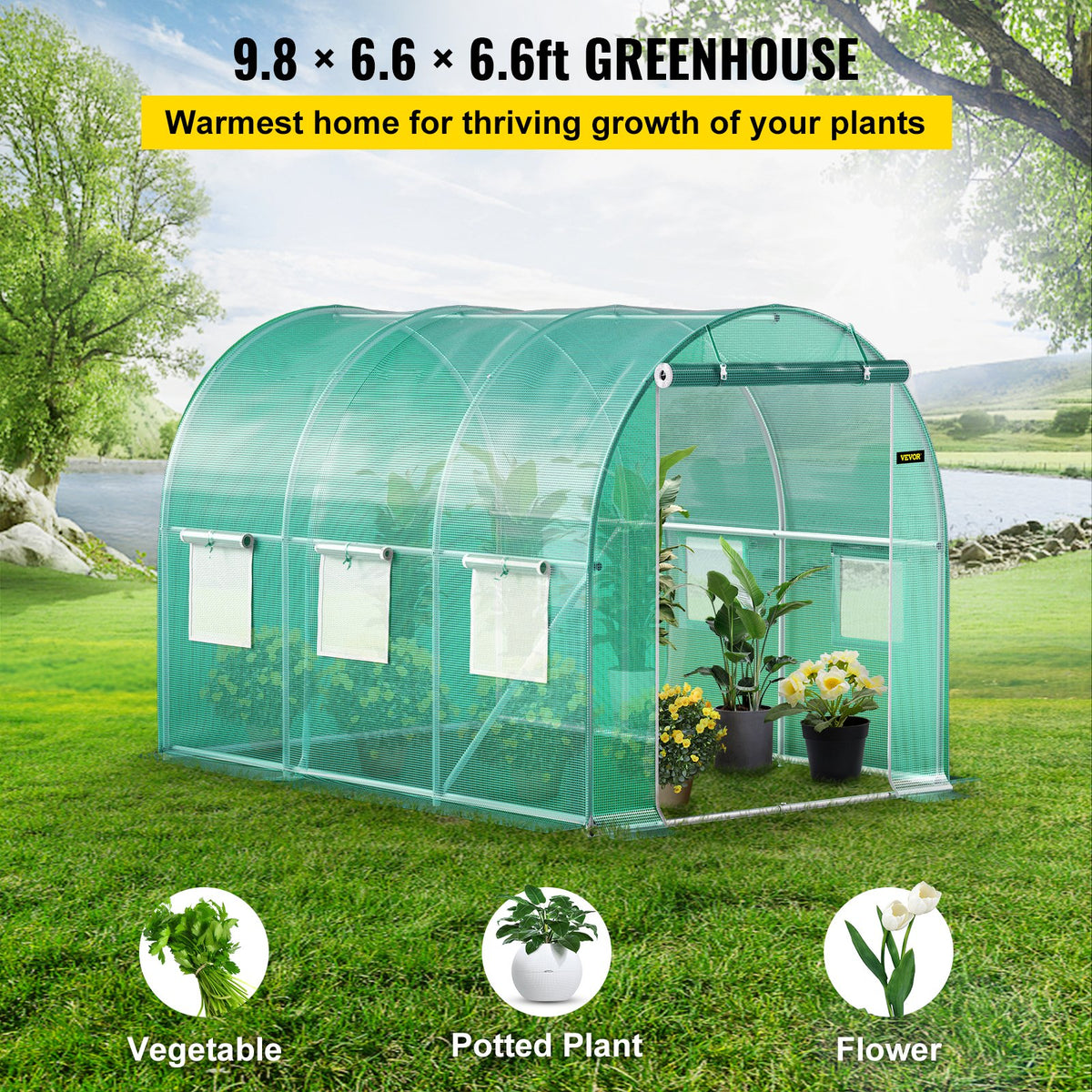 Tunnel Greenhouse Walk-in 9.8x6.6x6.6ft Portable Steel Hoops Doors Windows