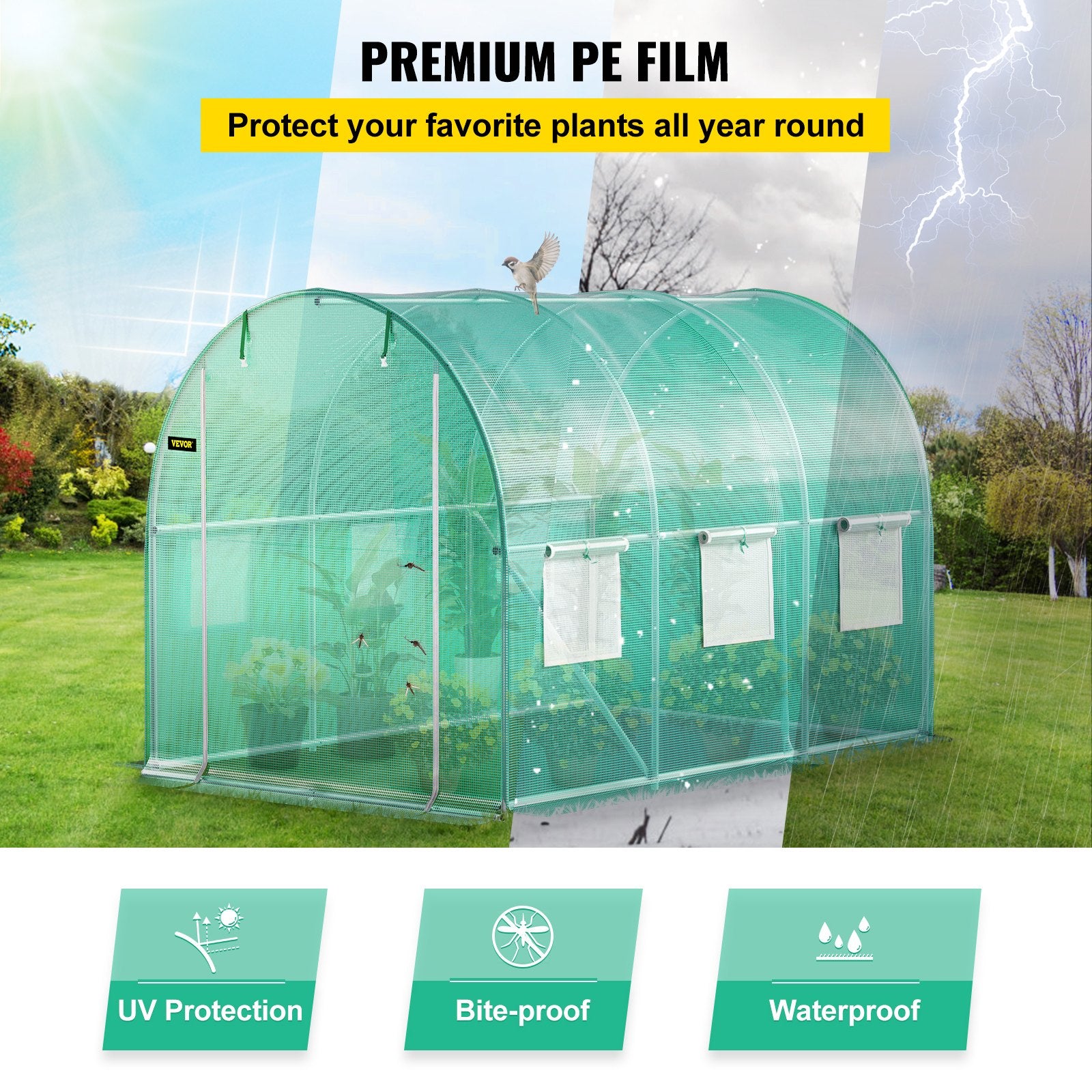 Tunnel Greenhouse Walk-in 9.8x6.6x6.6ft Portable Steel Hoops Doors Windows