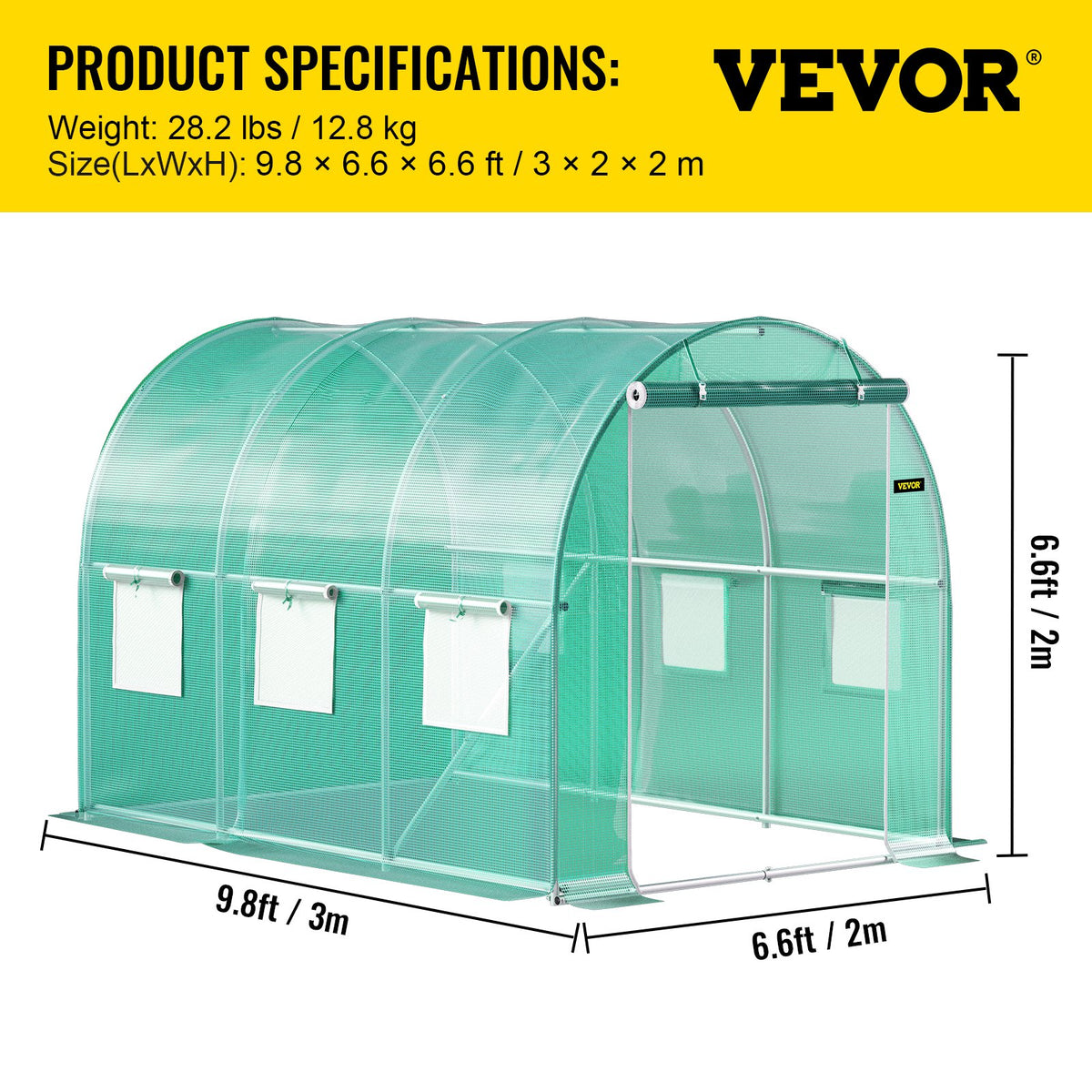 Tunnel Greenhouse Walk-in 9.8x6.6x6.6ft Portable Steel Hoops Doors Windows