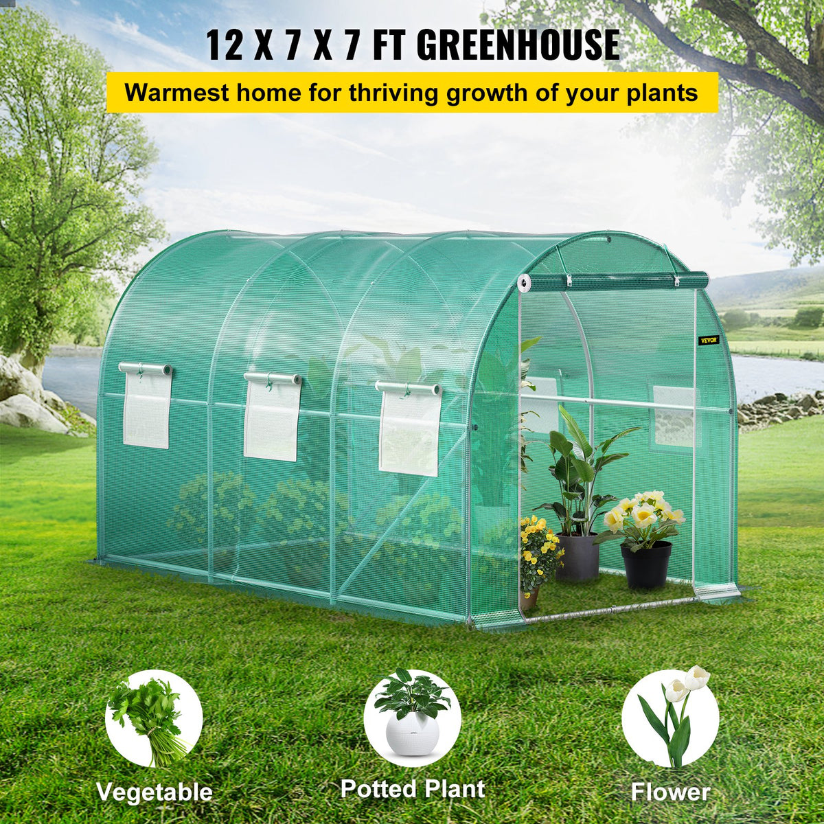 Walk-in Tunnel Greenhouse 12x7x7ft Portable Plant House with Steel Hoops Door