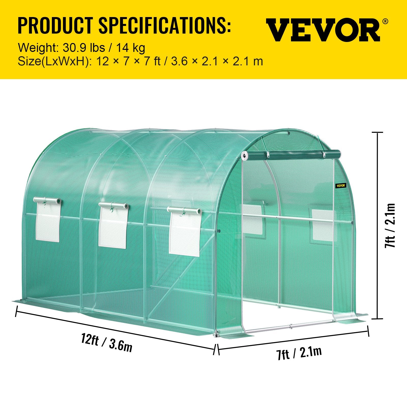 Walk-in Tunnel Greenhouse 12x7x7ft Portable Plant House with Steel Hoops Door