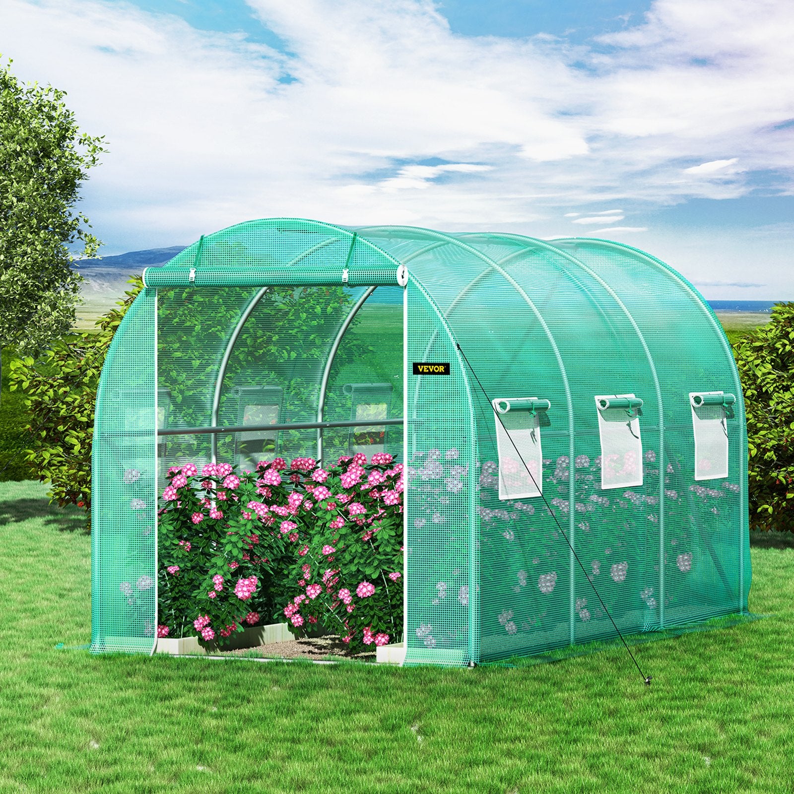 Walk-in Tunnel Greenhouse 12x7x7ft Portable Plant House with Steel Hoops Door