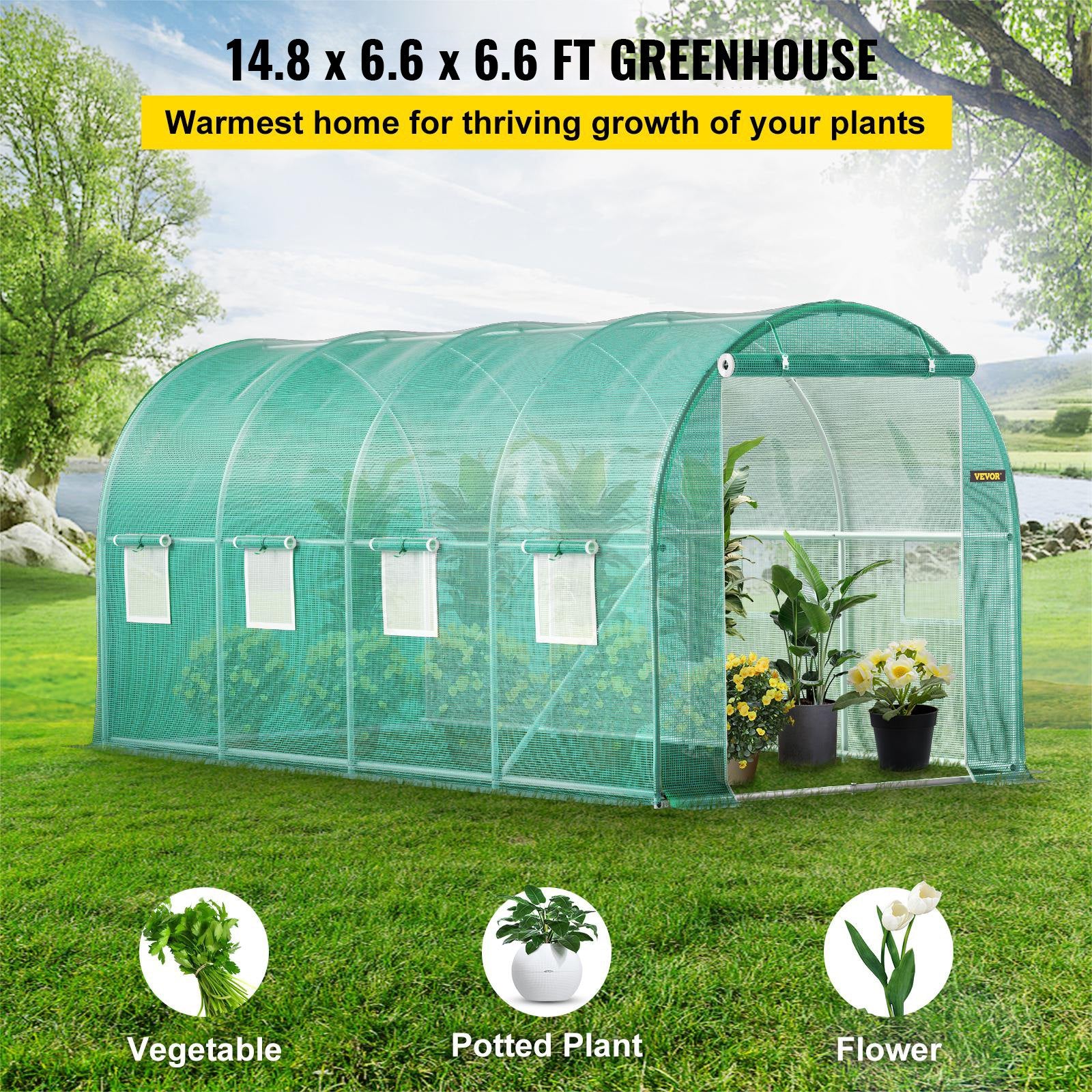 Tunnel Greenhouse Walk-in 15x7x7ft Portable Zippered Door Windows Steel Hoops