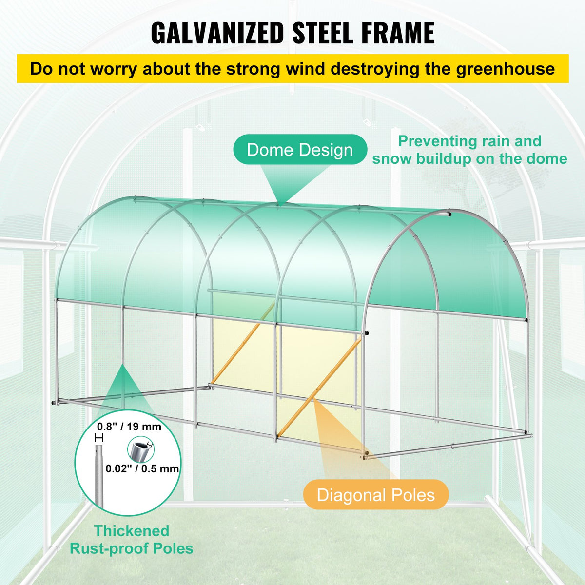 Tunnel Greenhouse Walk-in 15x7x7ft Portable Zippered Door Windows Steel Hoops