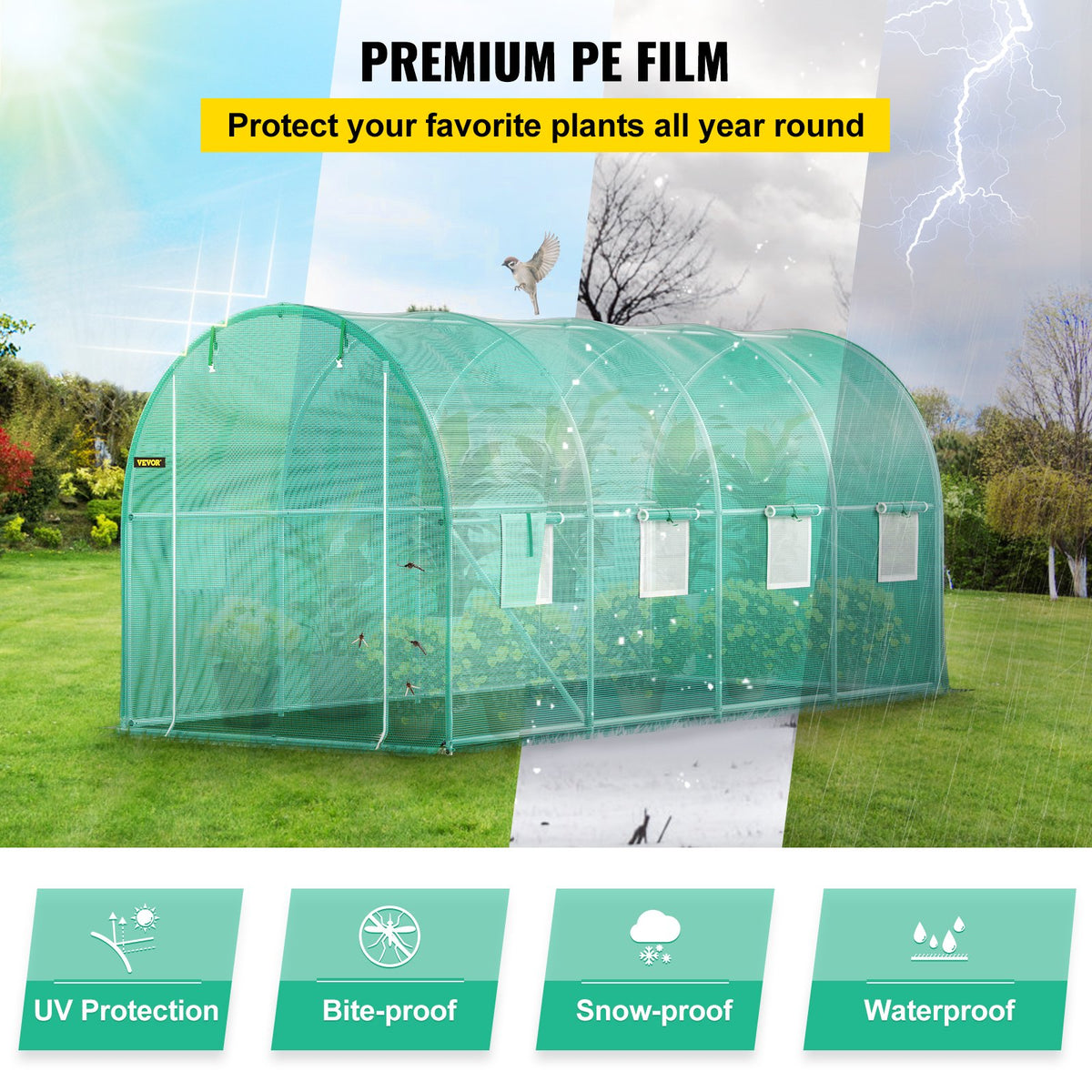 Tunnel Greenhouse Walk-in 15x7x7ft Portable Zippered Door Windows Steel Hoops