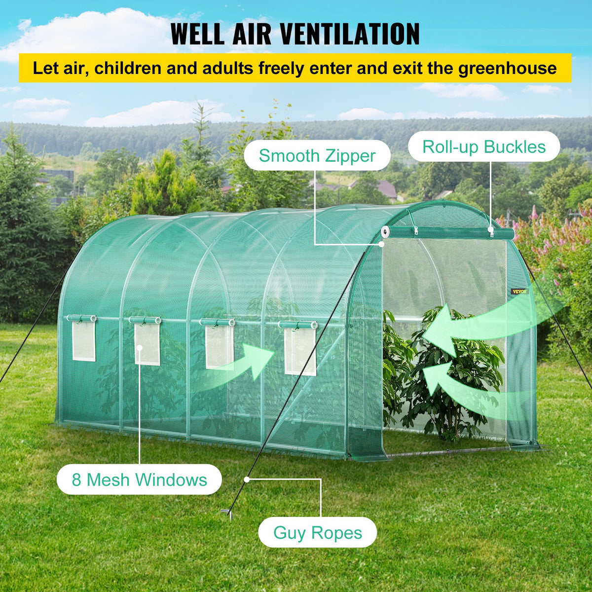 Tunnel Greenhouse Walk-in 15x7x7ft Portable Zippered Door Windows Steel Hoops