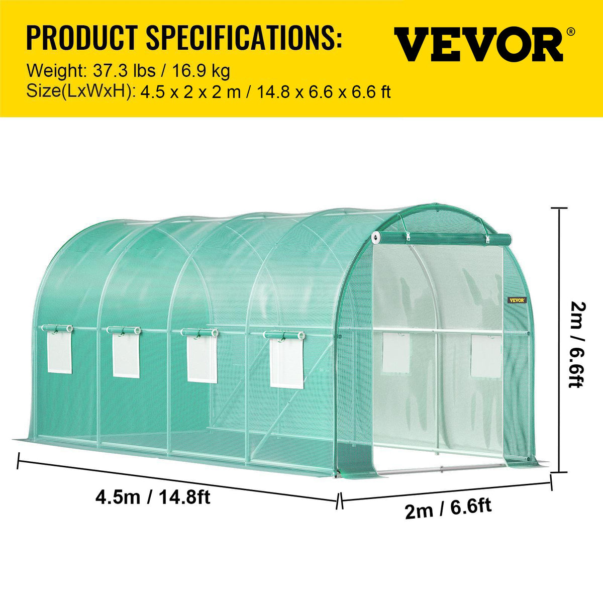 Tunnel Greenhouse Walk-in 15x7x7ft Portable Zippered Door Windows Steel Hoops