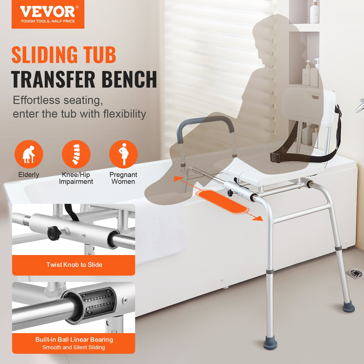 Sliding Tub Transfer Bench Adjustable Seat Backrest Safety Belt Non-Slip 400lbs