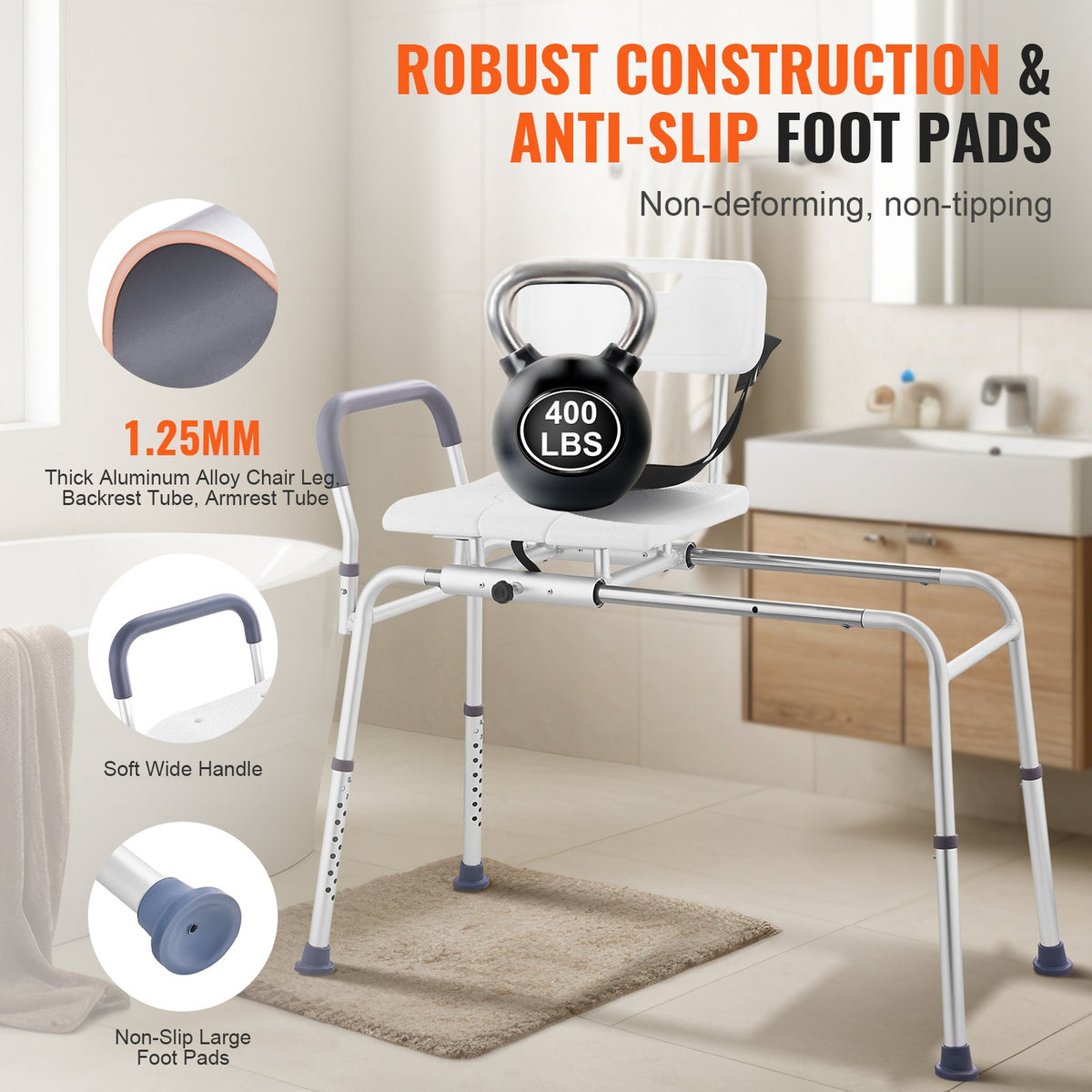 Sliding Tub Transfer Bench Adjustable Seat Backrest Safety Belt Non-Slip 400lbs