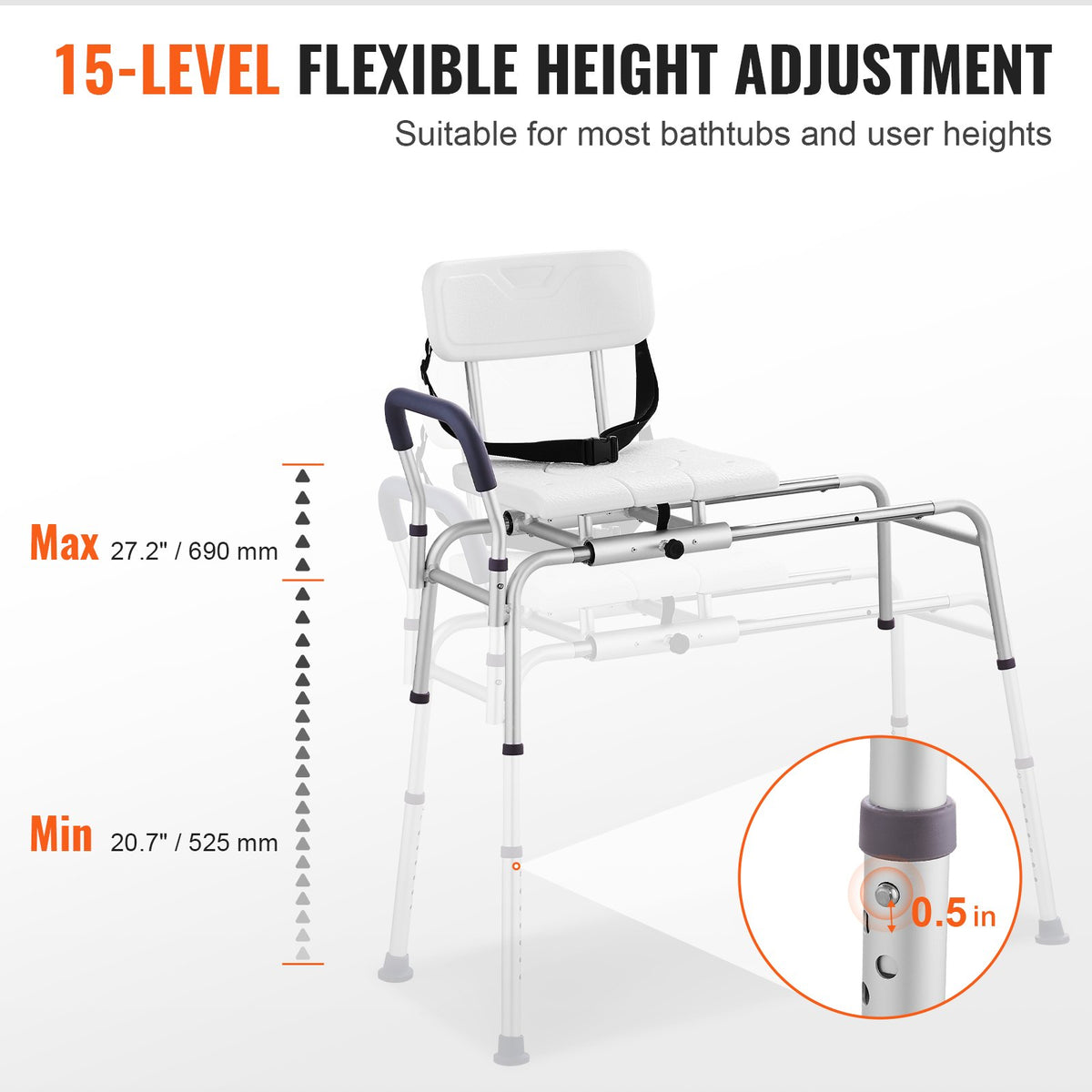 Sliding Tub Transfer Bench Adjustable Seat Backrest Safety Belt Non-Slip 400lbs