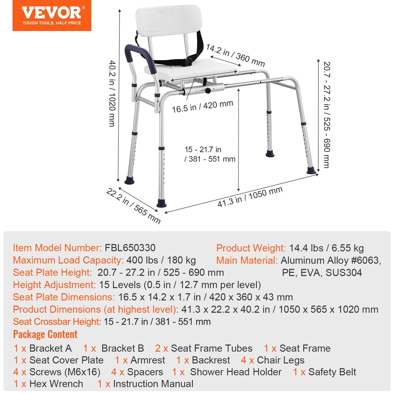 Sliding Tub Transfer Bench Adjustable Seat Backrest Safety Belt Non-Slip 400lbs
