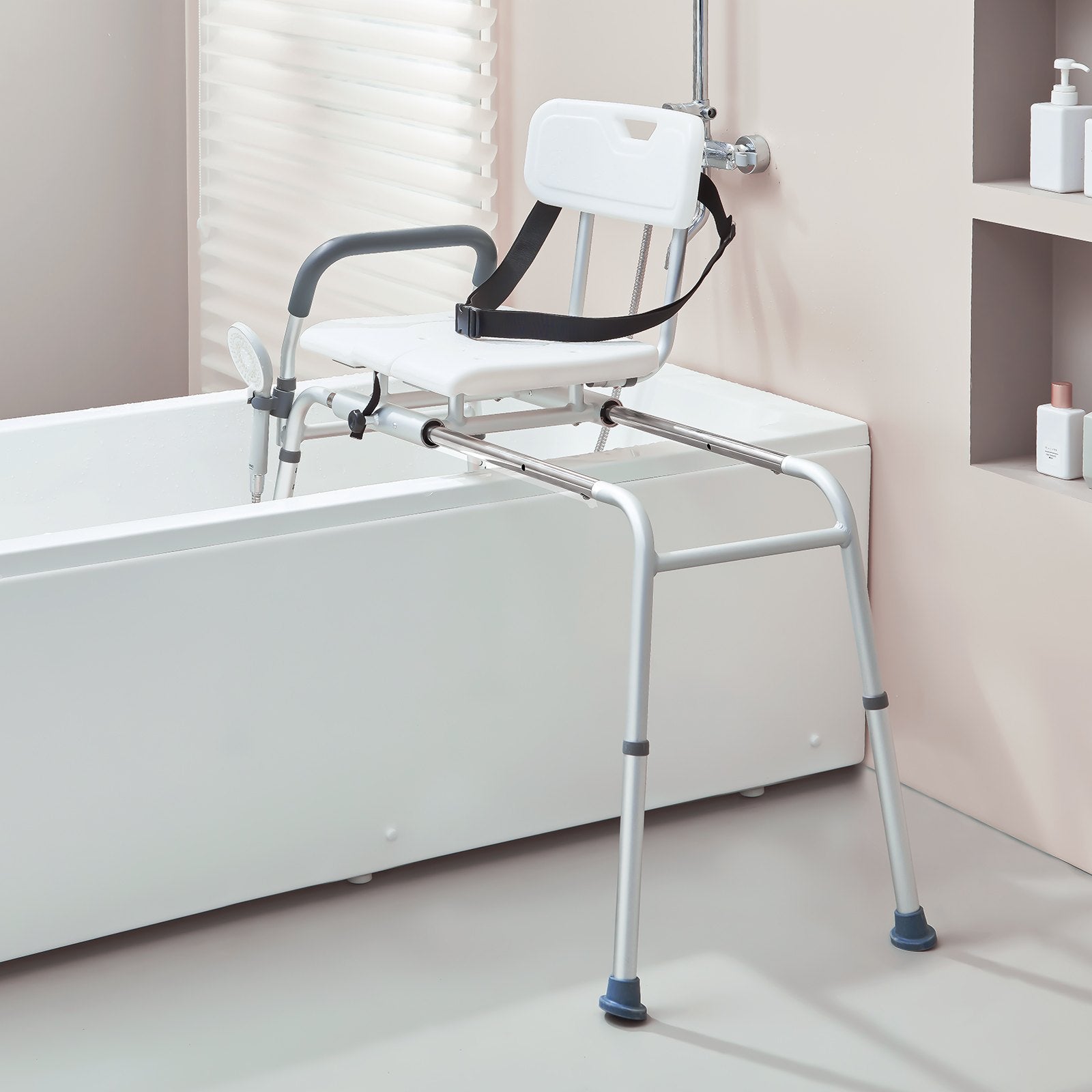 Sliding Tub Transfer Bench Adjustable Seat Backrest Safety Belt Non-Slip 400lbs