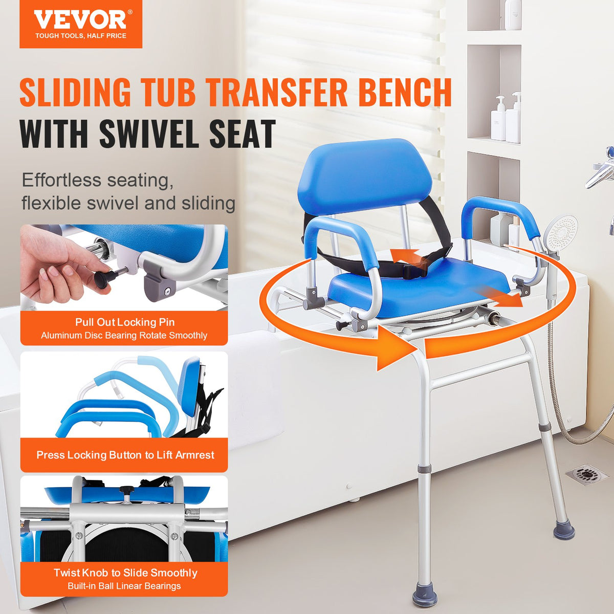 Sliding Tub Transfer Bench Swivel Seat Adjustable Padded Chair