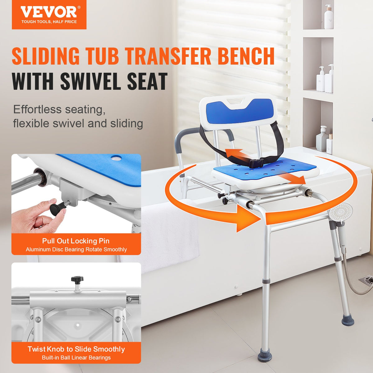 Sliding Tub Transfer Bench 360° Swivel Seat Adjustable withArmrest NonSlip400lbs