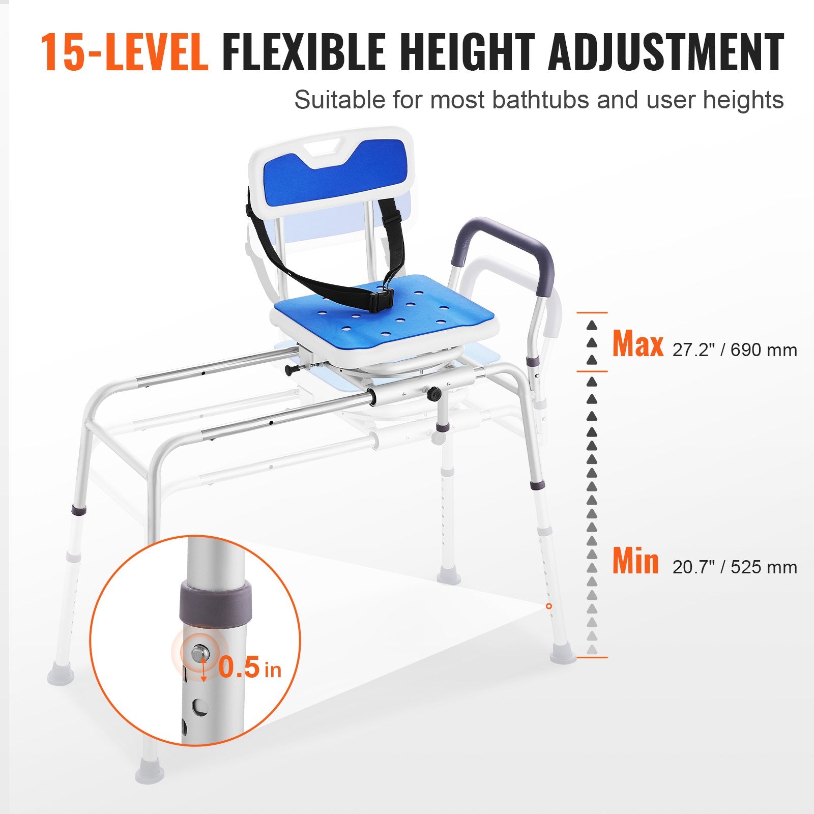Sliding Tub Transfer Bench 360° Swivel Seat Adjustable withArmrest NonSlip400lbs