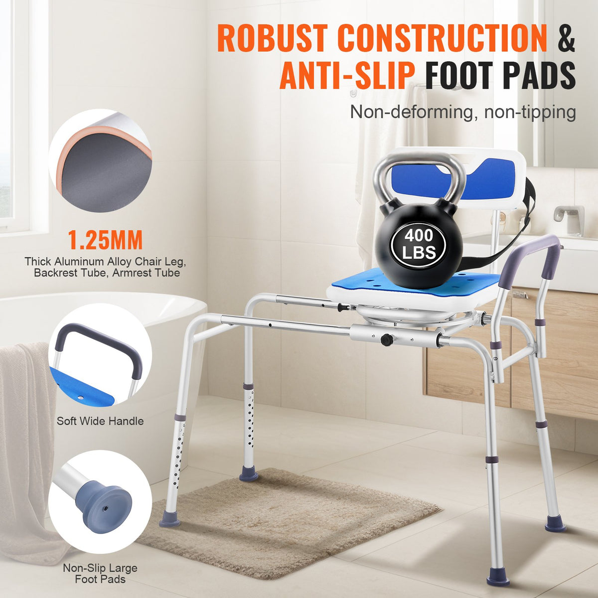 Sliding Tub Transfer Bench 360° Swivel Seat Adjustable withArmrest NonSlip400lbs