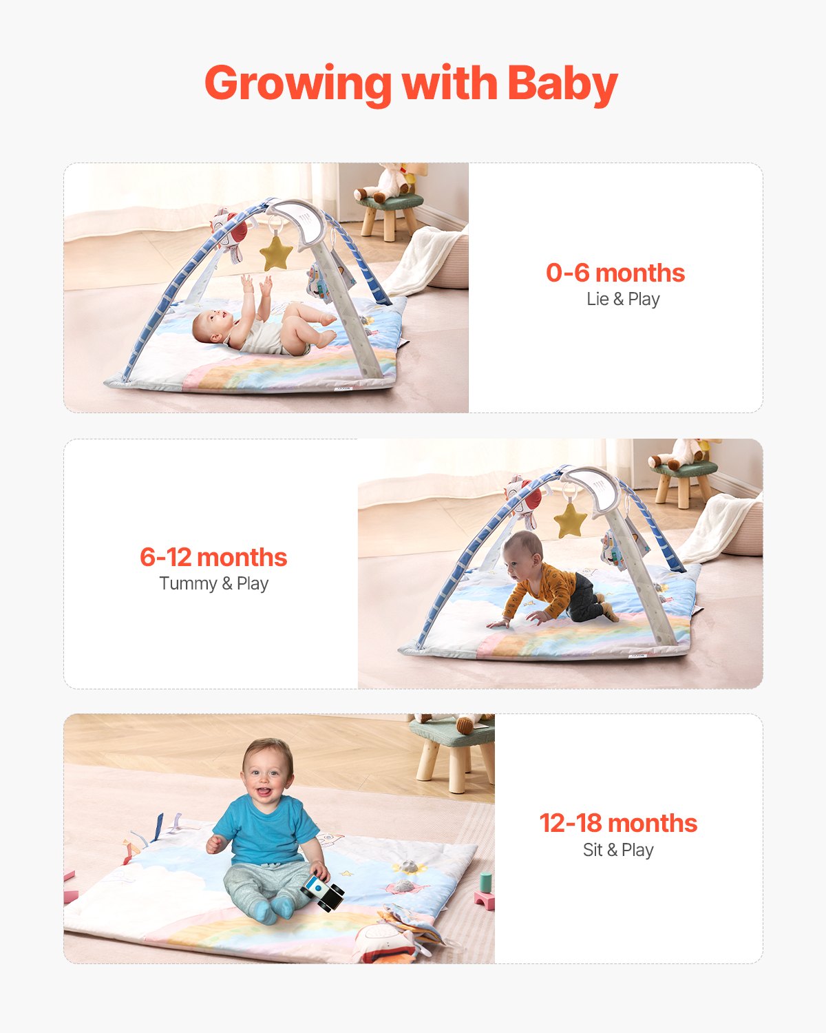 Baby Play Gym Mat Tummy Time Activity Mat with 6 Toys & Light-Up Musical Rocket