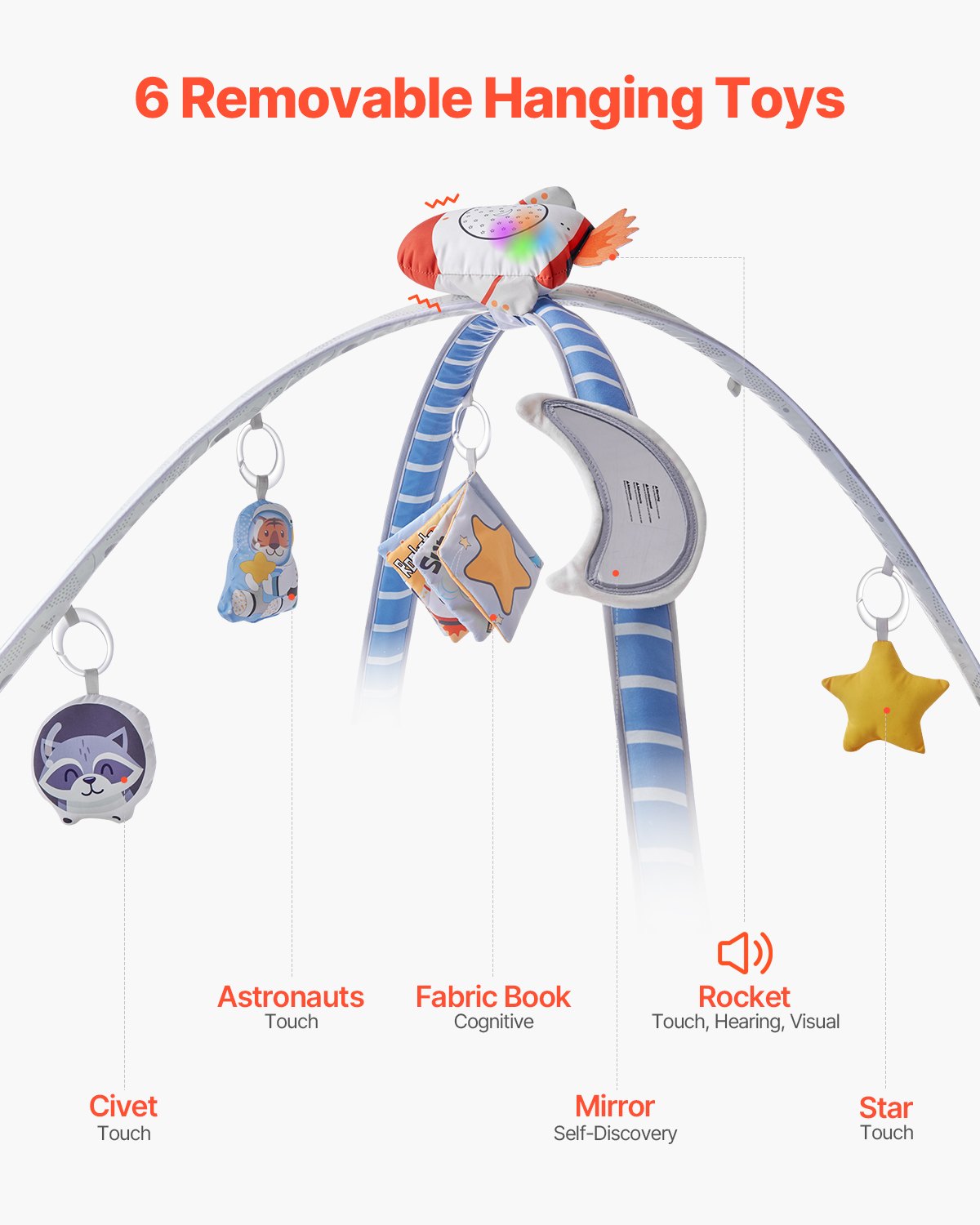 Baby Play Gym Mat Tummy Time Activity Mat with 6 Toys & Light-Up Musical Rocket