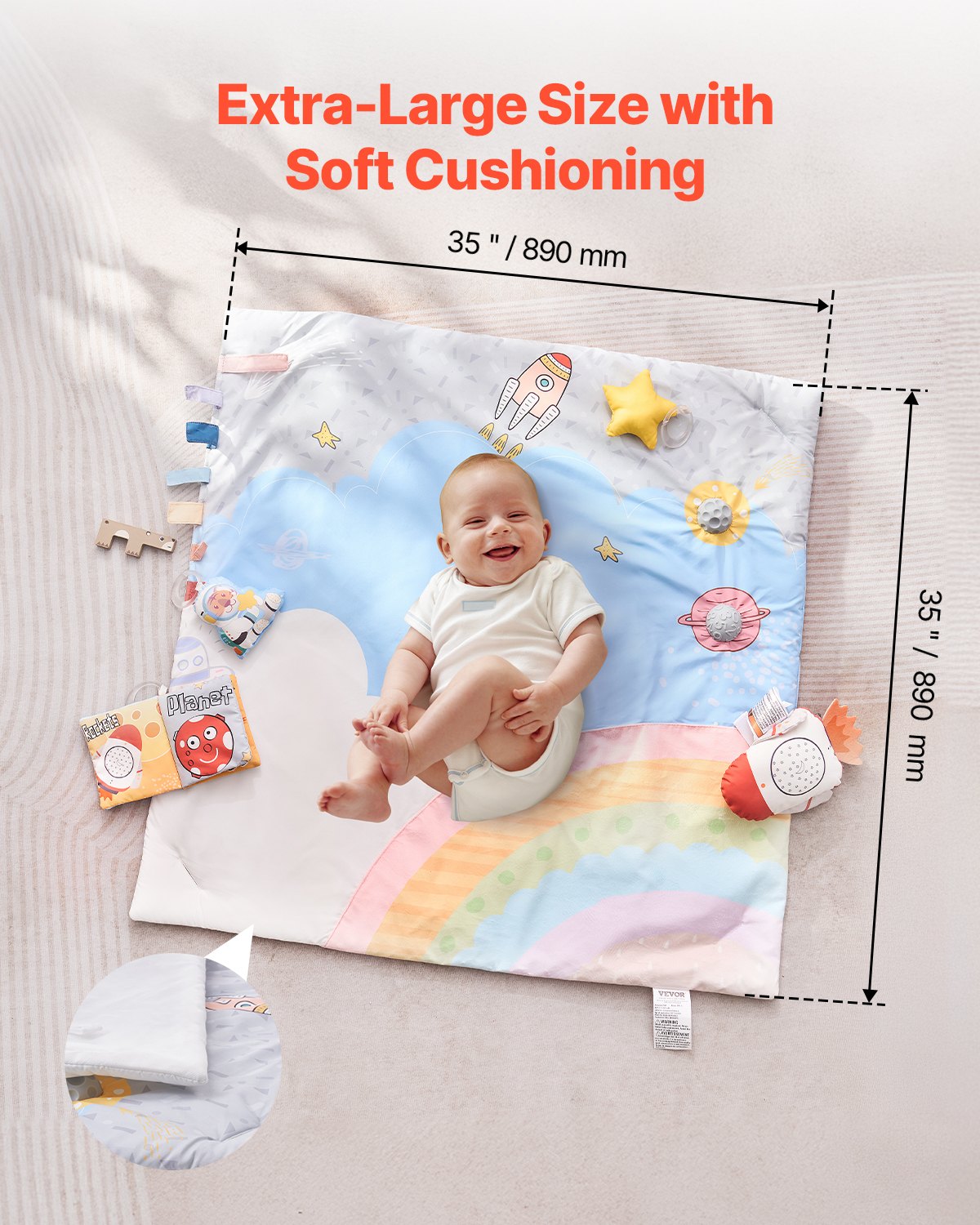 Baby Play Gym Mat Tummy Time Activity Mat with 6 Toys & Light-Up Musical Rocket