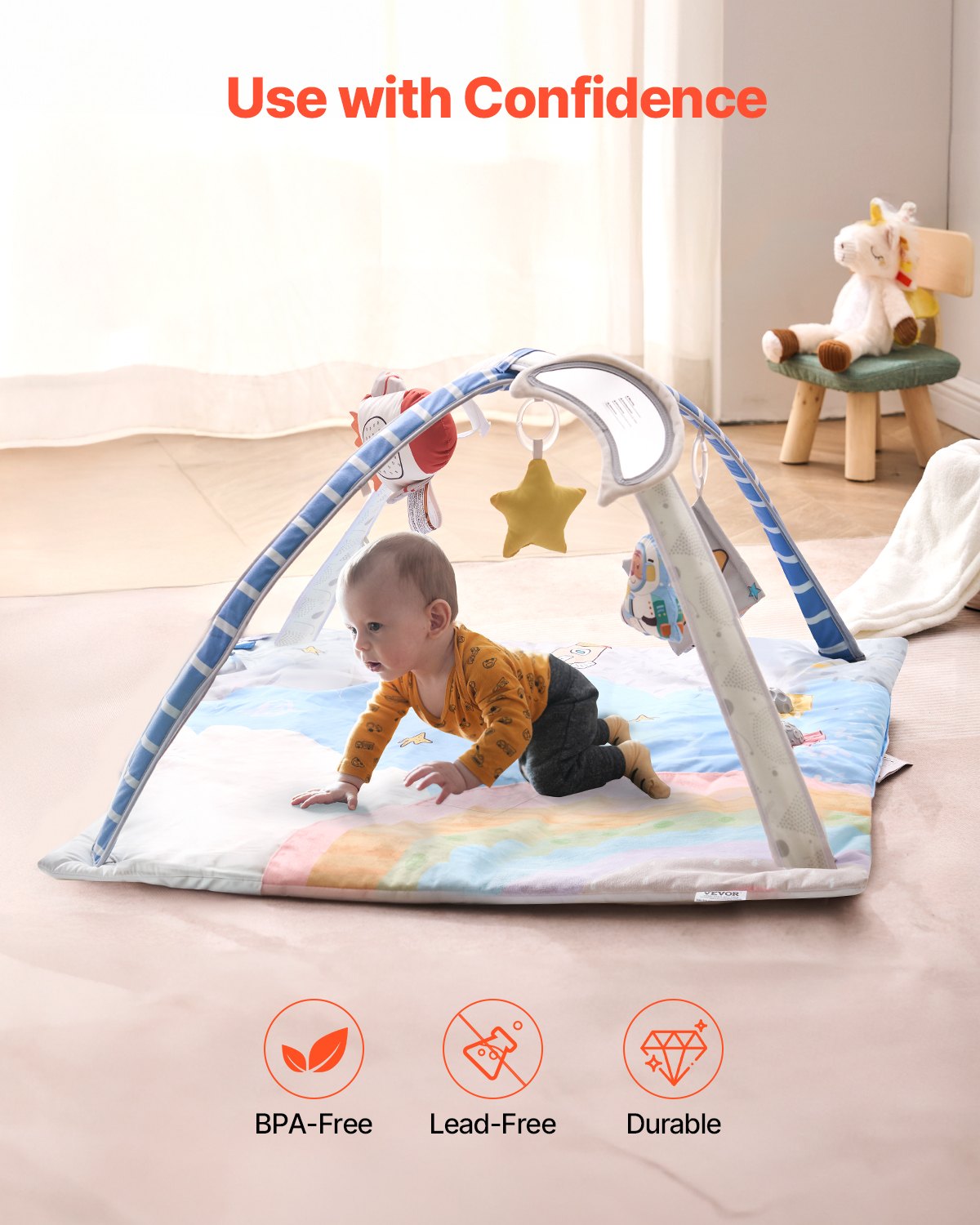 Baby Play Gym Mat Tummy Time Activity Mat with 6 Toys & Light-Up Musical Rocket