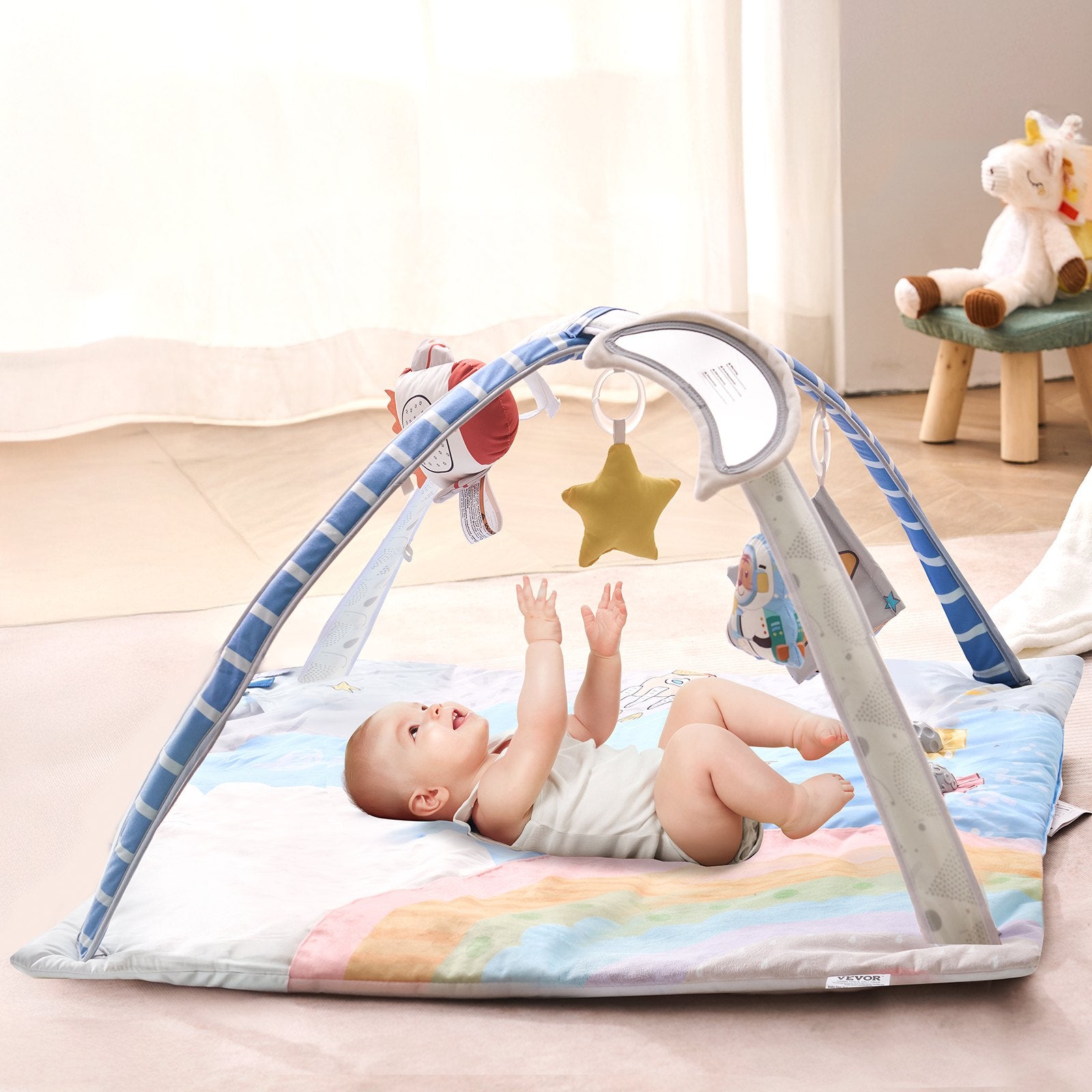 Baby Play Gym Mat Tummy Time Activity Mat with 6 Toys & Light-Up Musical Rocket