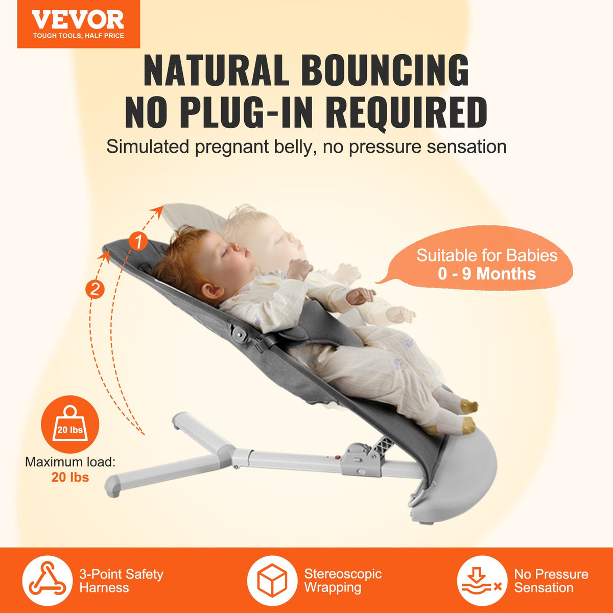 Baby Bouncer Folding Seat for 0-9 Months with 2 Recline Angles & 3-Point Harness