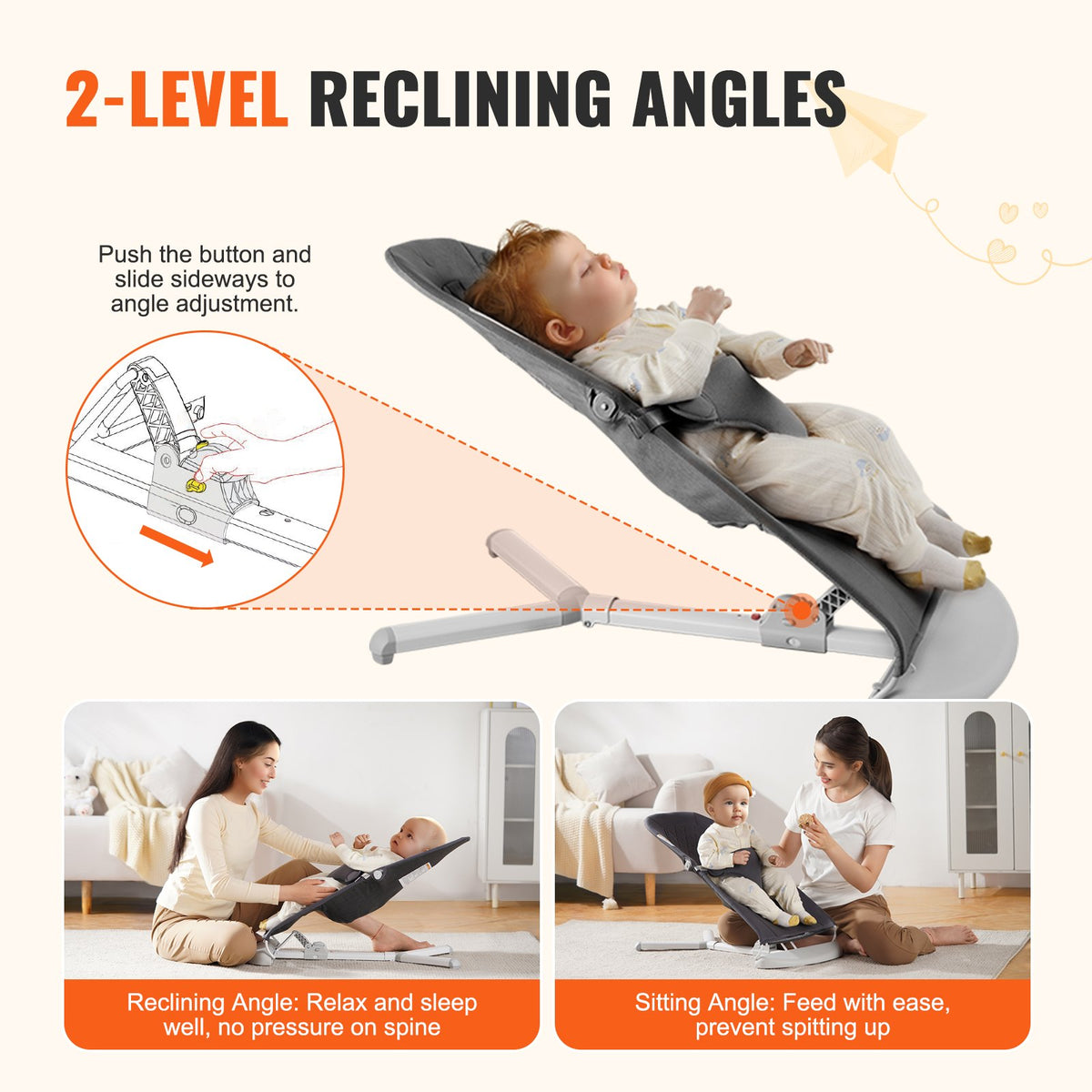Baby Bouncer Folding Seat for 0-9 Months with 2 Recline Angles & 3-Point Harness