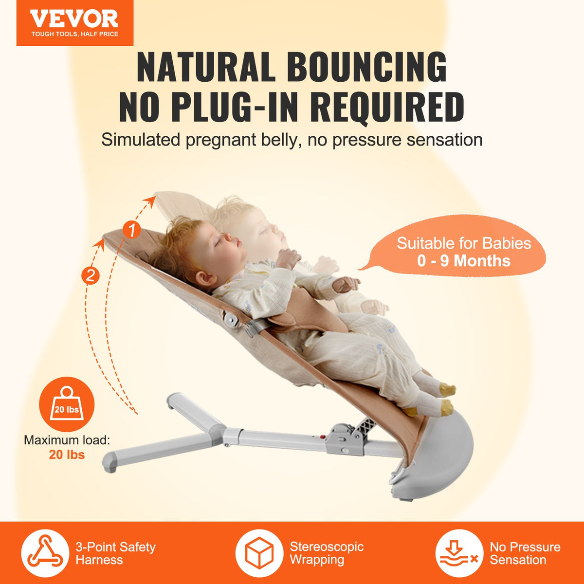 Baby Bouncer Seat 0-9 Months, 2 Recline Angles, 3-Point Harness, Portable, Camel