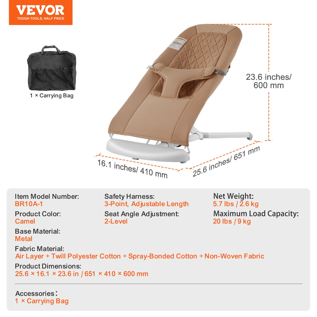 Baby Bouncer Seat 0-9 Months, 2 Recline Angles, 3-Point Harness, Portable, Camel