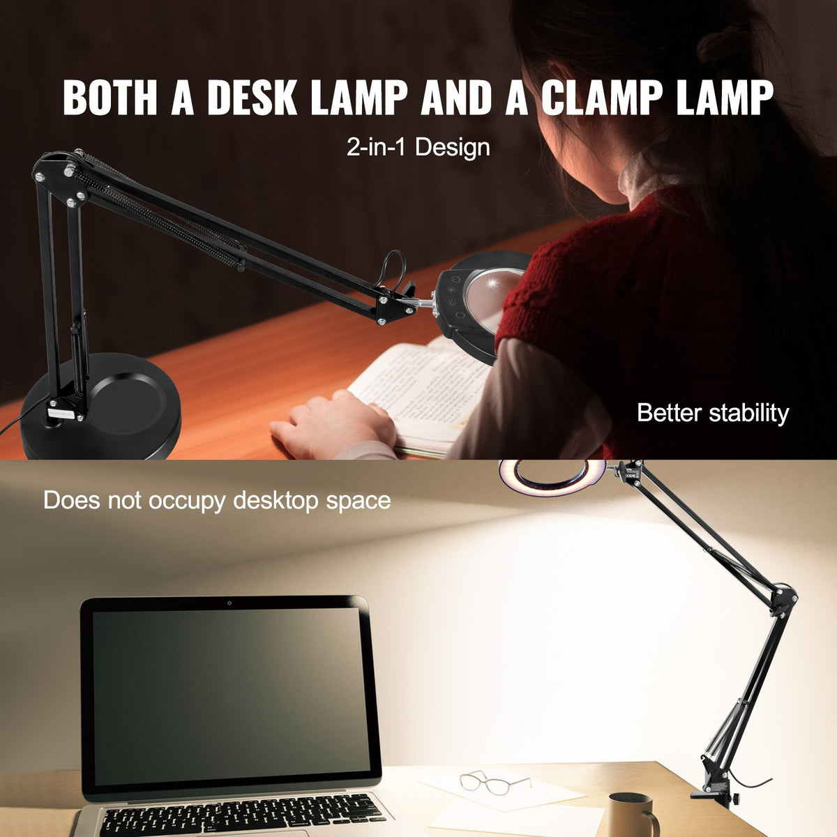 5X Magnifying Glass with LED Light and Stand 2-in-1 Desk Clamp Magnifier
