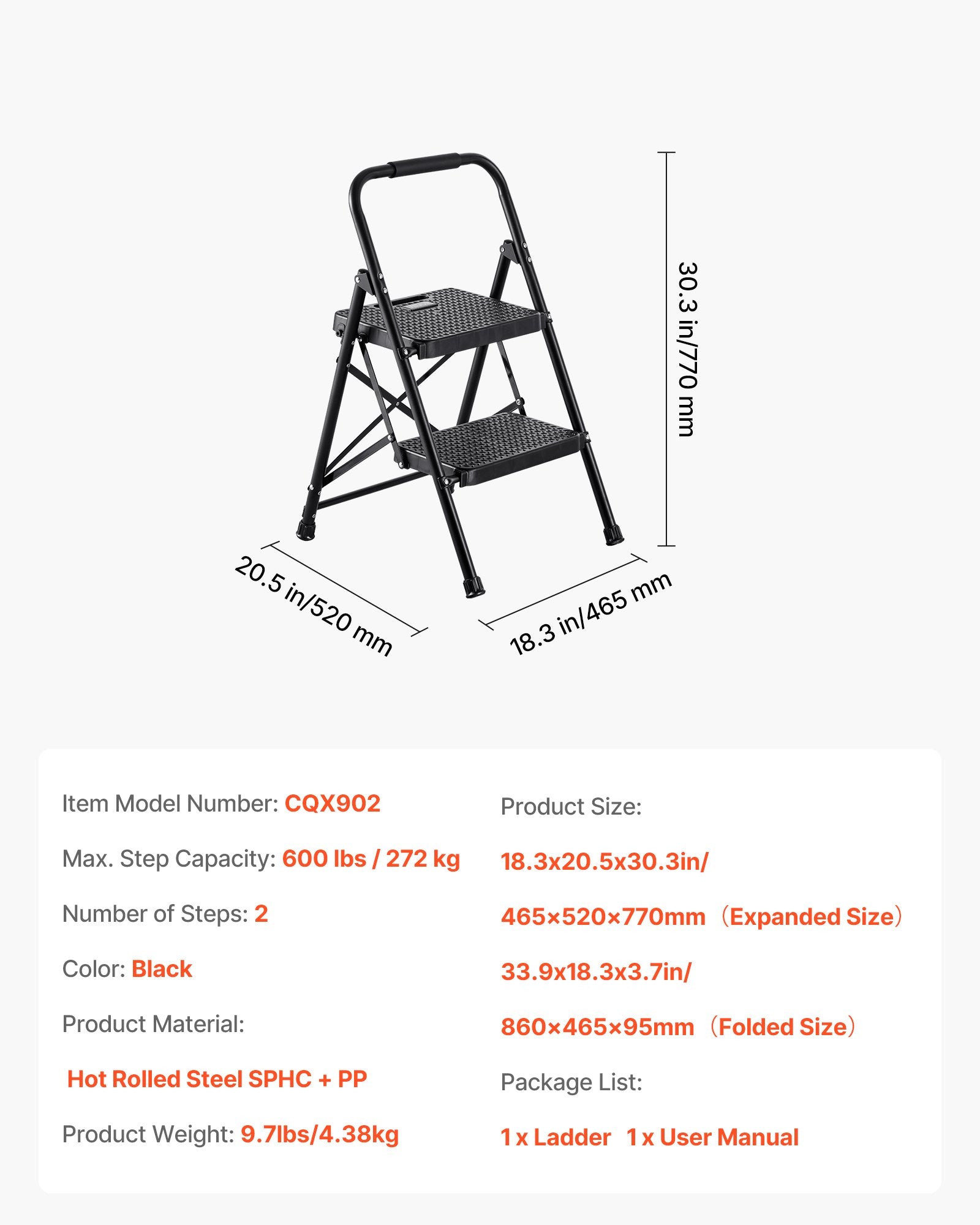 Folding Step Ladder with Anti-Slip Pedal and Handgrip for Home & Office