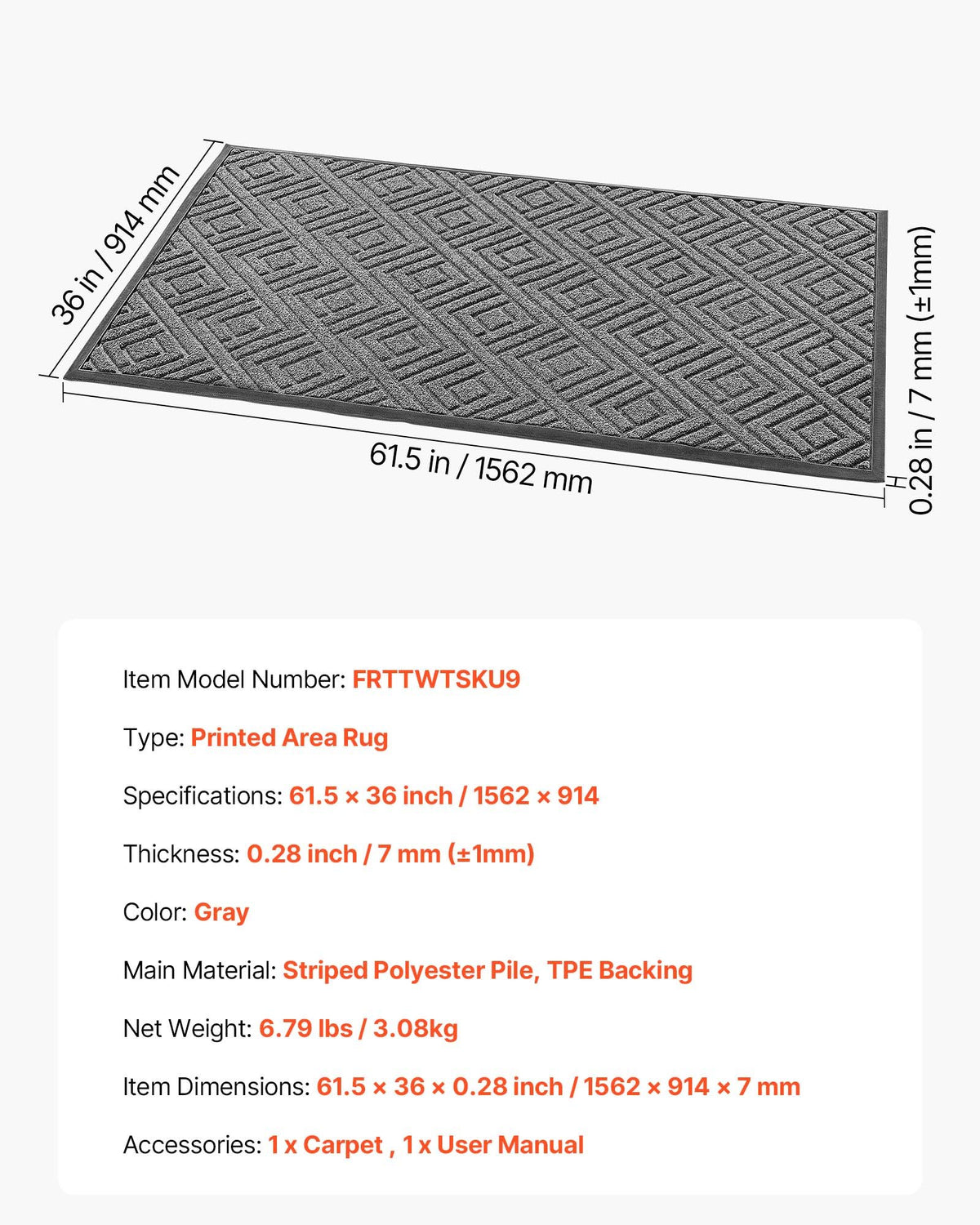 Front Door Mat 1562x914mm Commercial Indoor Outdoor TPE Heavy Duty Washable Grey