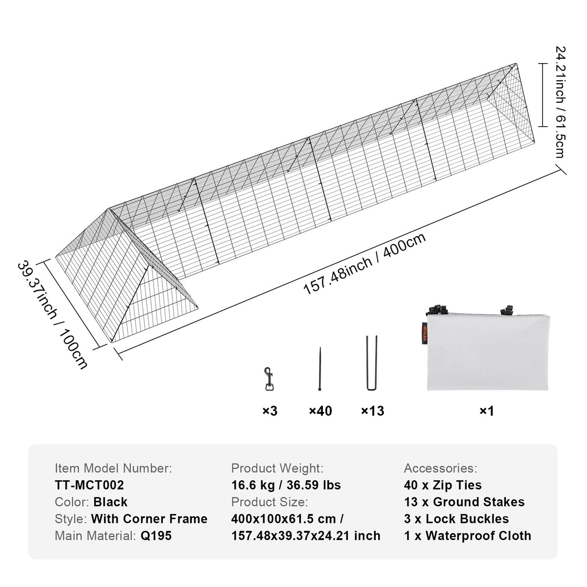 Chicken Tunnels 400x100x61.5cm Portable Outdoor Coop Run with Frames