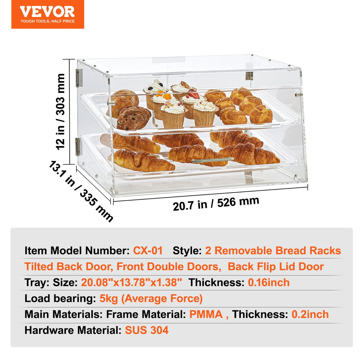 Pastry Display Case 2-Tier Commercial Countertop Acrylic with Rear Door