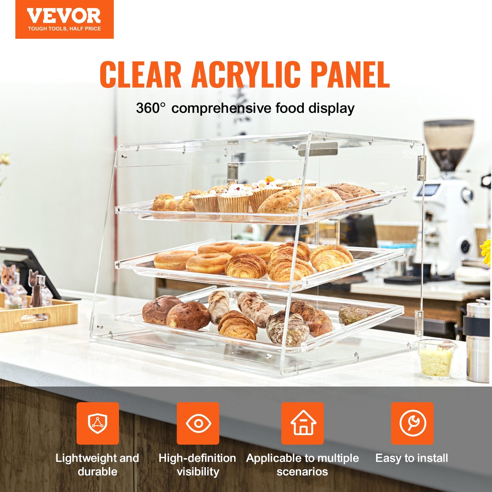 Pastry Display Case Commercial 3-Tier Acrylic Box Rear Door Removable Shelves