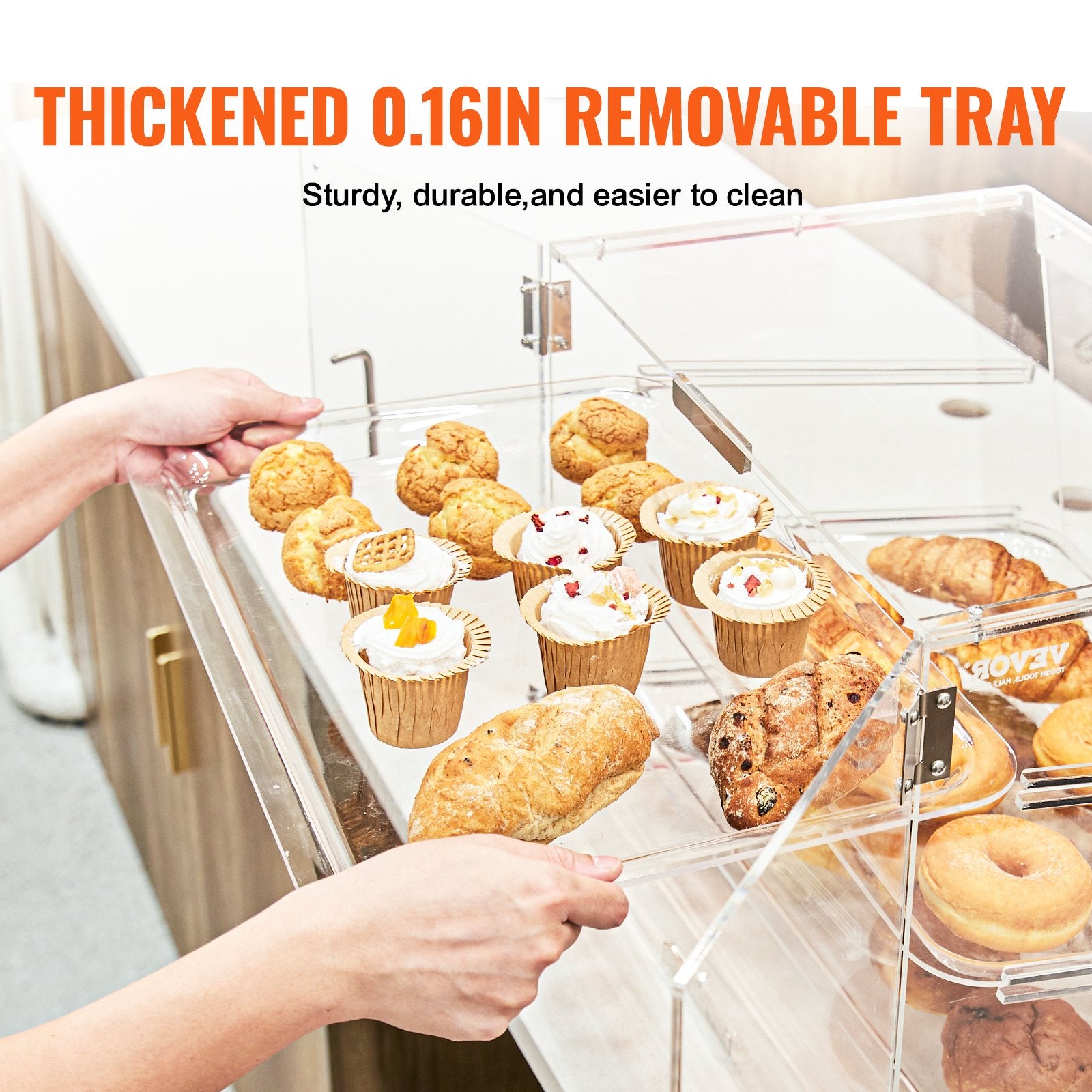 Pastry Display Case Commercial 3-Tier Acrylic Box Rear Door Removable Shelves