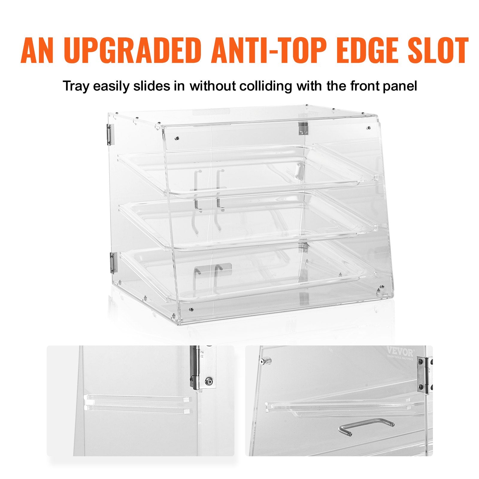 Pastry Display Case Commercial 3-Tier Acrylic Box Rear Door Removable Shelves