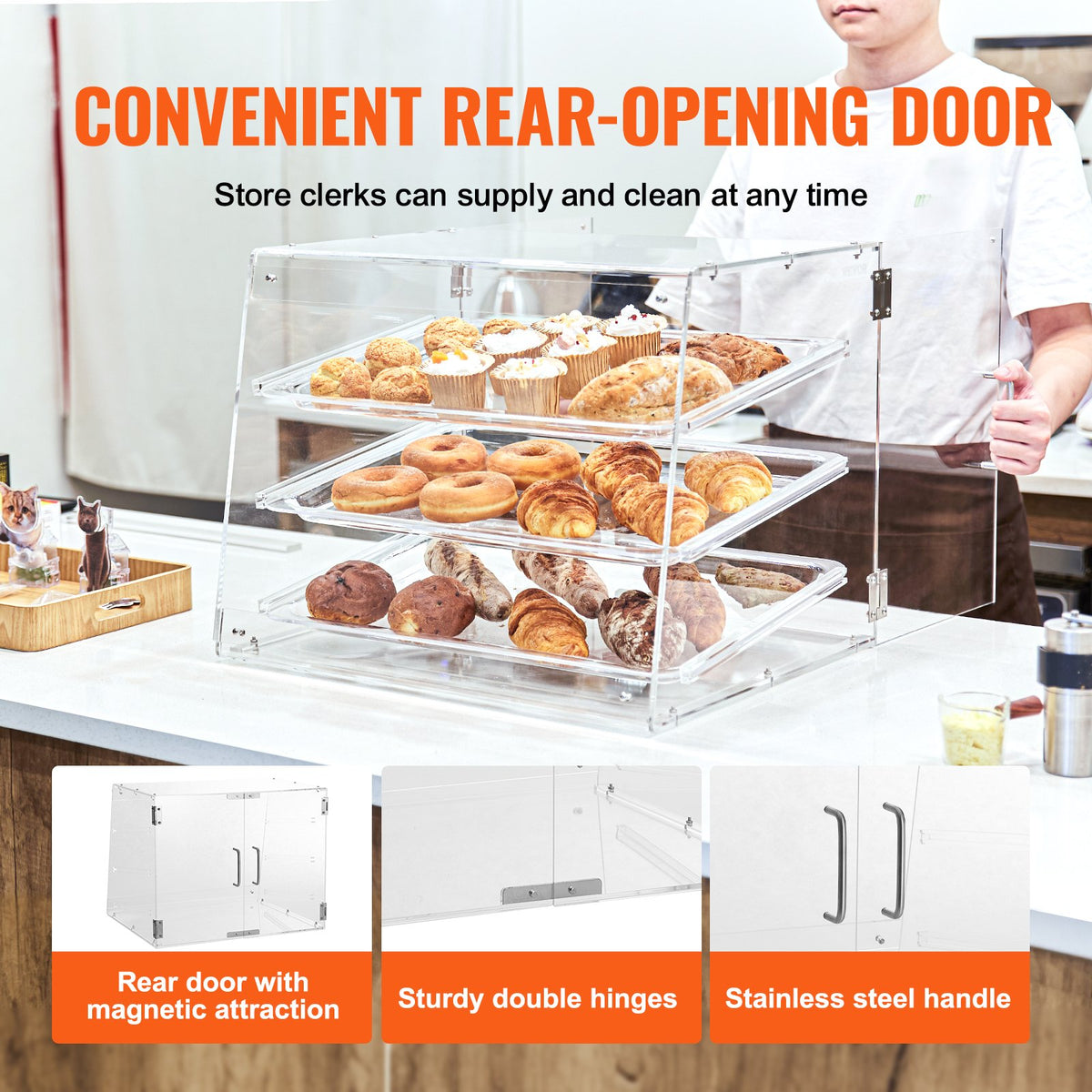 Pastry Display Case Commercial 3-Tier Acrylic Box Rear Door Removable Shelves