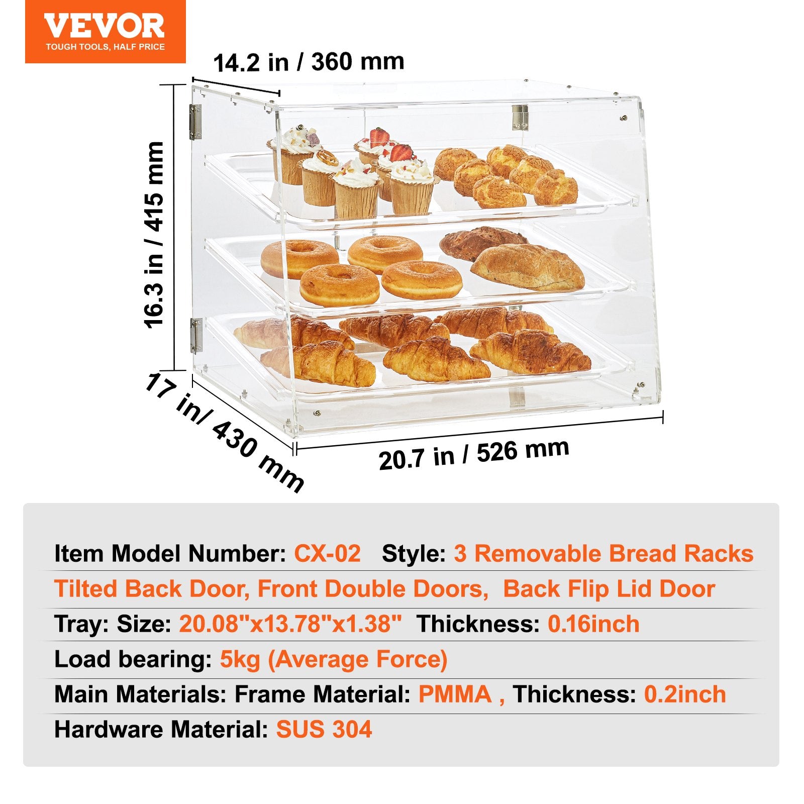 Pastry Display Case Commercial 3-Tier Acrylic Box Rear Door Removable Shelves