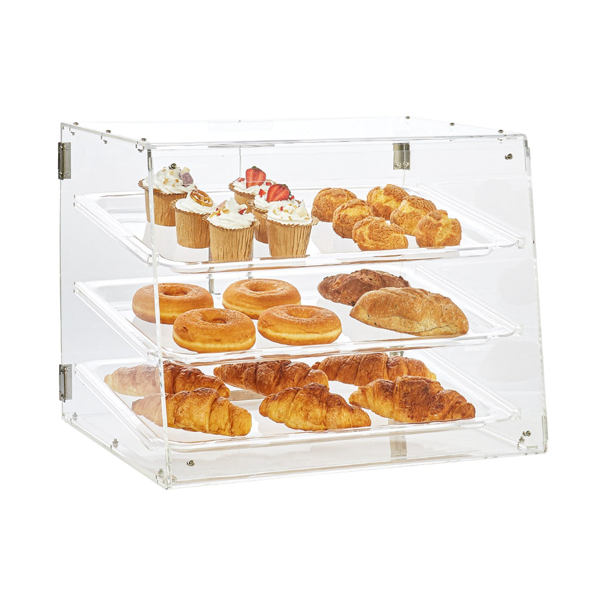 Pastry Display Case Commercial 3-Tier Acrylic Box Rear Door Removable Shelves