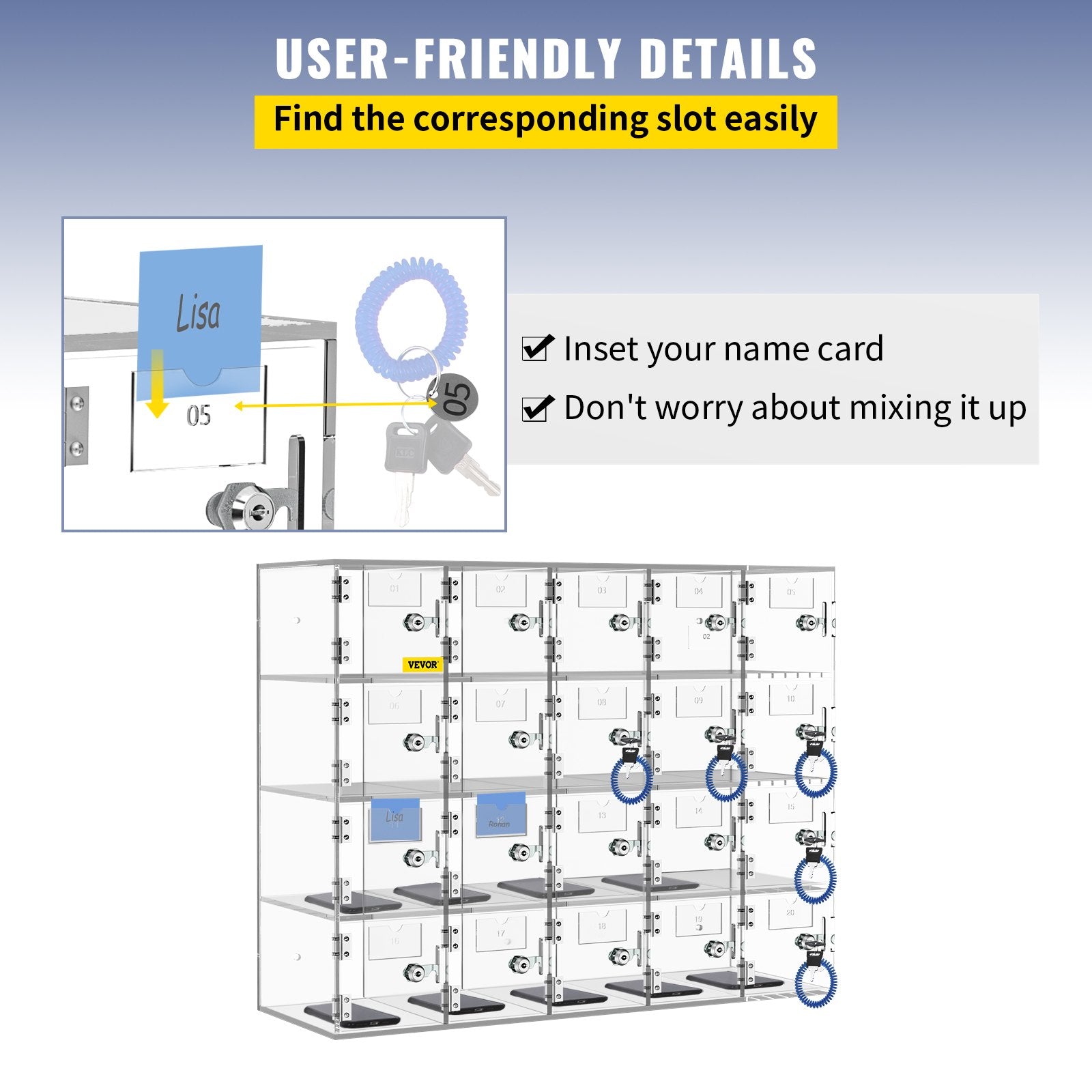 Cell Phone Storage Locker 20-Slot Acrylic Wall-Mounted with Locks and Keys Clear