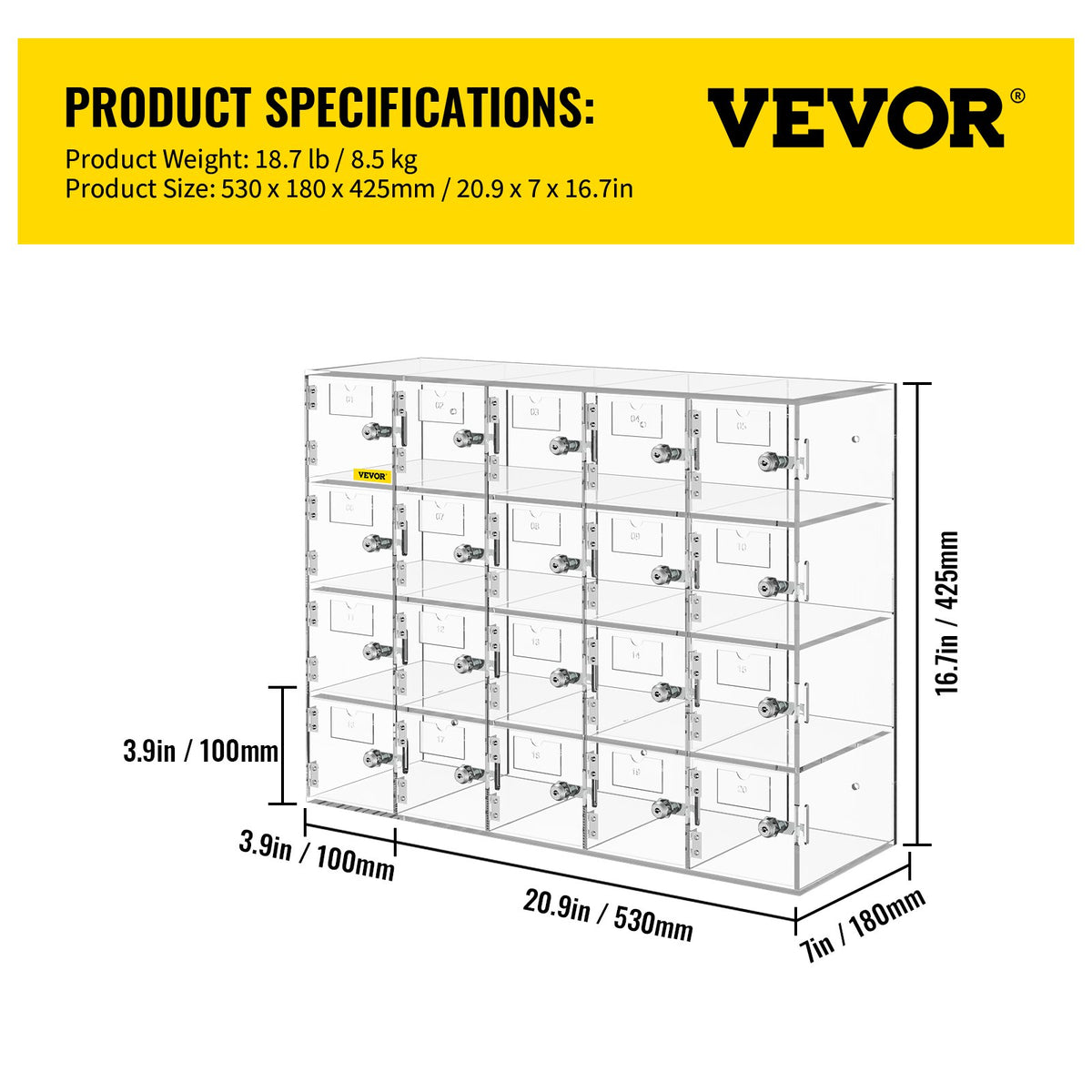 Cell Phone Storage Locker 20-Slot Acrylic Wall-Mounted with Locks and Keys Clear