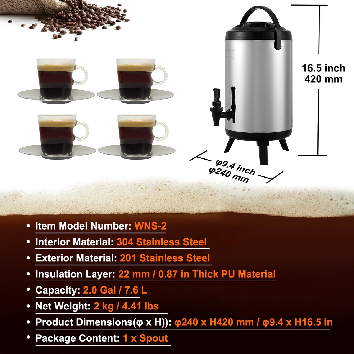 7.6L Stainless Steel Insulated Beverage Dispenser with Spigot and Handle