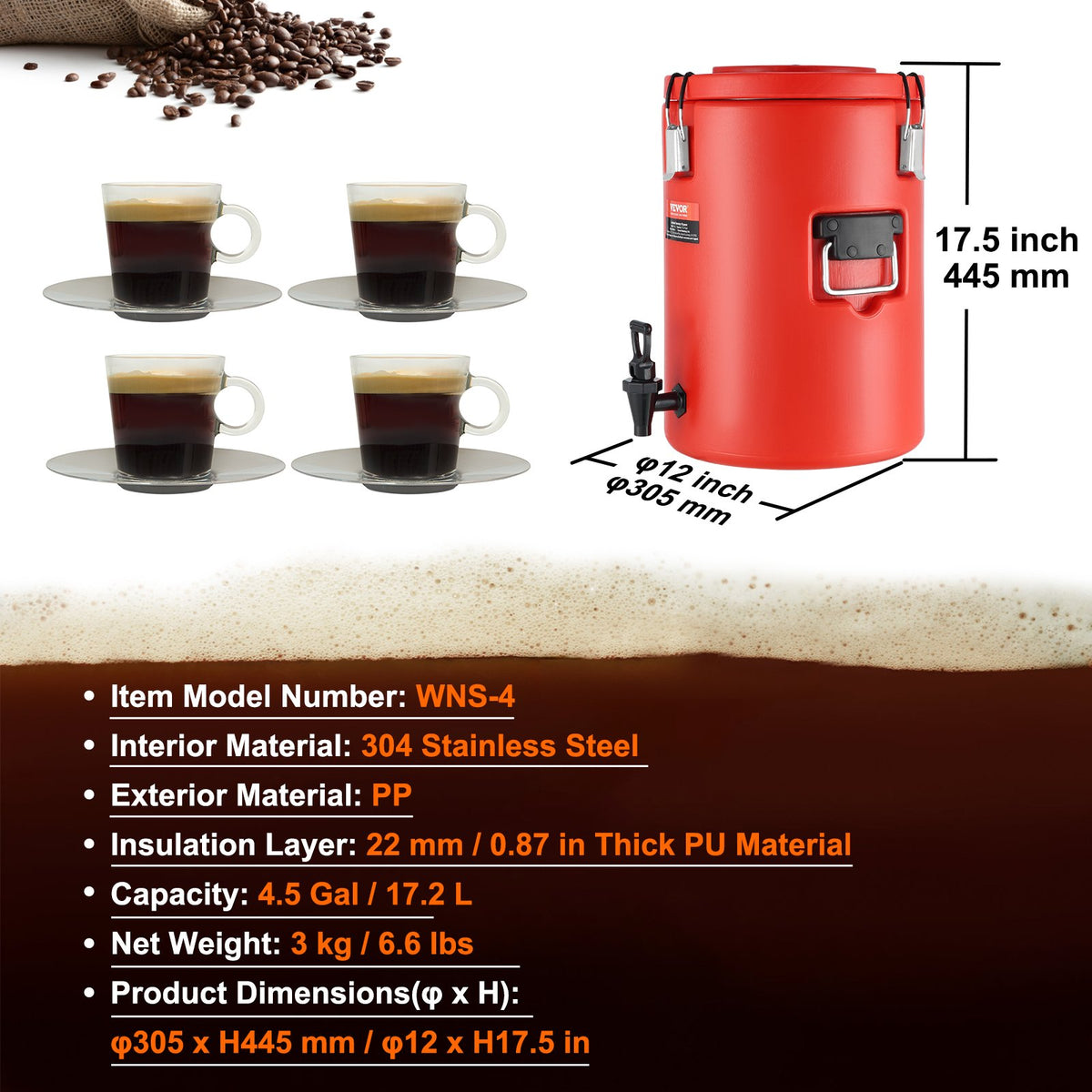 17.2L Stainless Steel Insulated Beverage Dispenser with Spigot and Handle