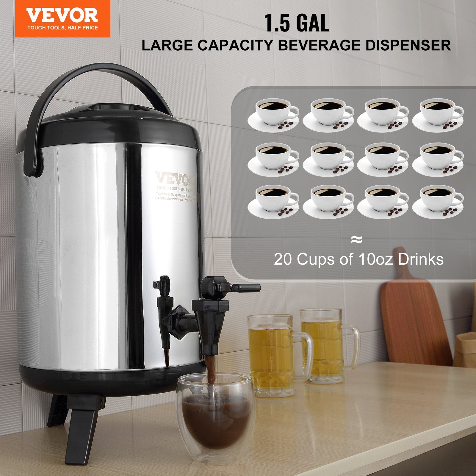 6L Stainless Steel Insulated Beverage Dispenser with Spigot and Handle